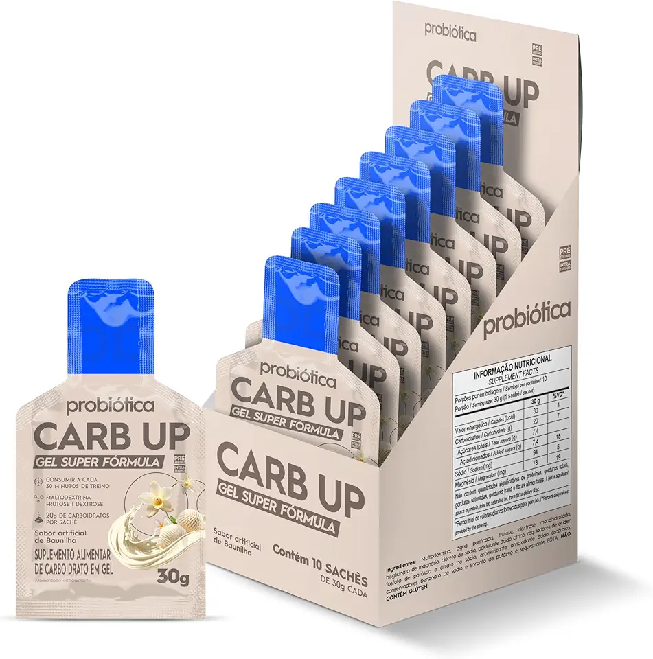 Carb UP Gel Super Fórmula -Baunilha, Probiótica, 10 Sachês 30g