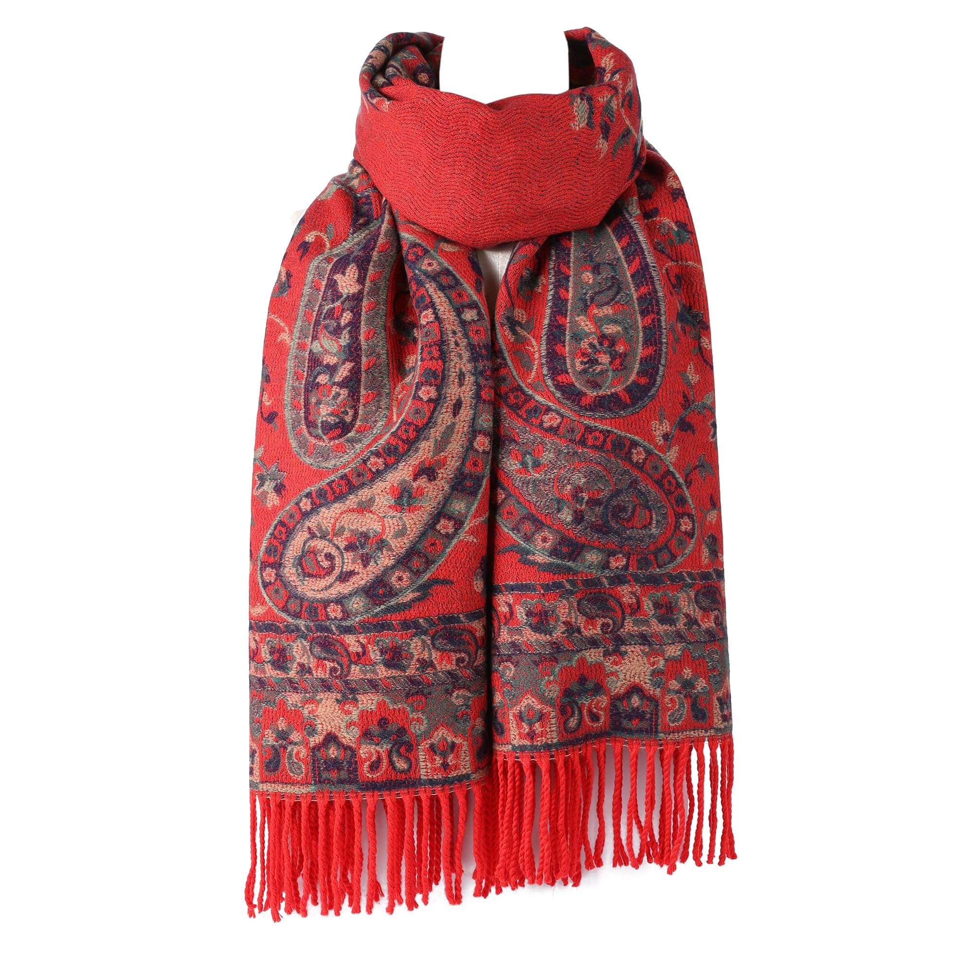 World of Shawls Ladies Floral Paisley Bordered Pashmina Feel Shawl Scarf Wrap Stole Luxuriously Warm Soft and Silky Touch (Red/Winter01)