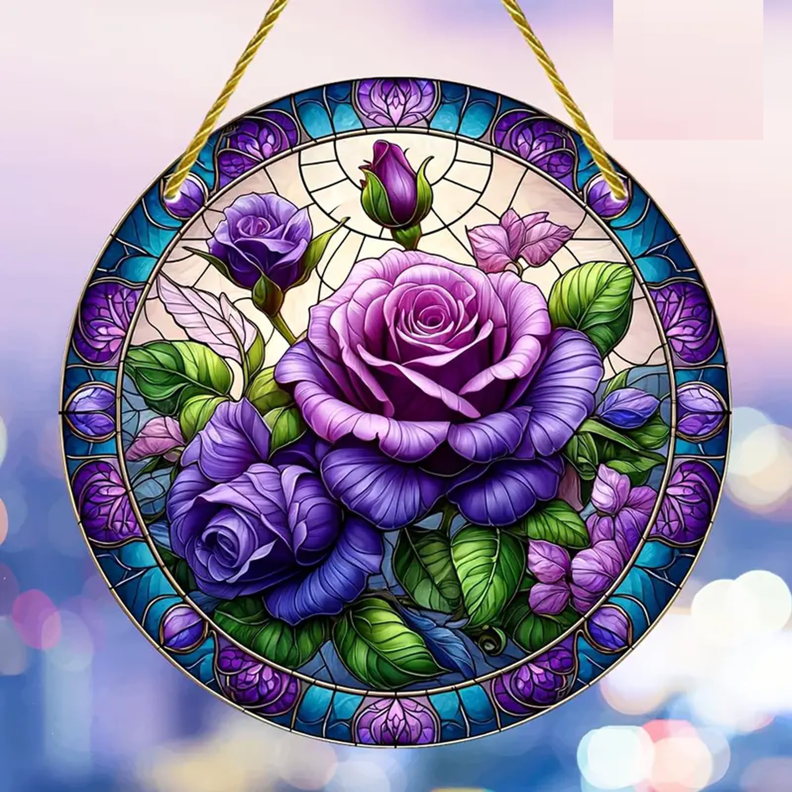 Yeyert Multi-Colored Purple Rose Flower Leaf Stained Windows Hanging Suncatcher,Flower Stained Glass Suncatchers Window Ornament Stained Glass Panel Sun Catcher Wall Hanging Decor Birthday Gifts