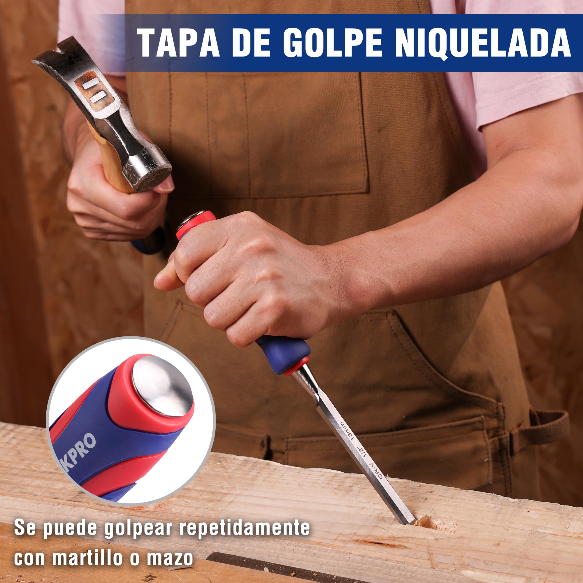 WORKPRO Juego de 10 Cinceles de Madera Cr-V con Mango Antideslizante, Estuche Compacto, Lápices de Carpintero y Piedra de Afilar – 6 Tamaños (6-38mm) para Bricolaje y Carpintería