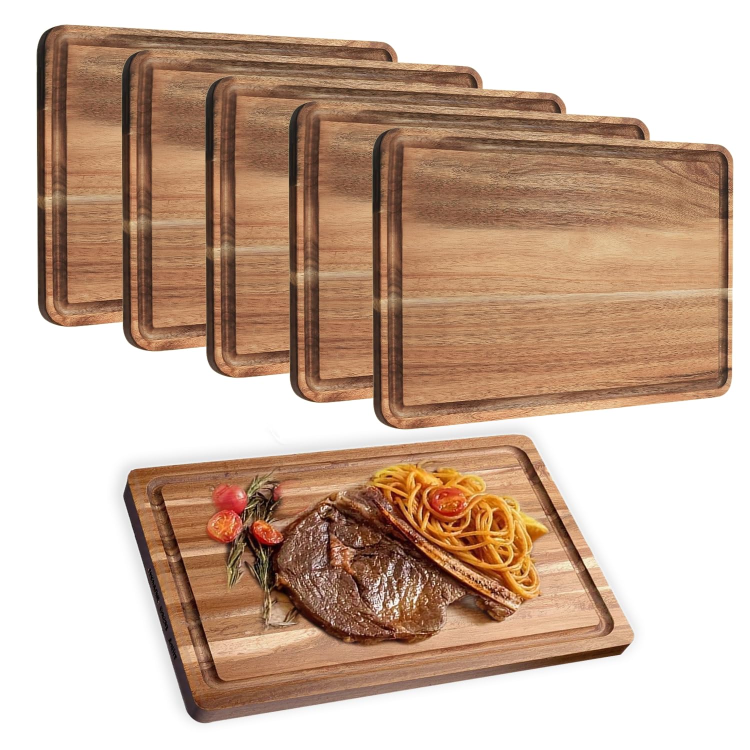 Set di taglieri in legno di acacia, reversibili, con scanalatura per succo, per carne, frutta, verdura e formaggio, durevoli ed ecologici (6)