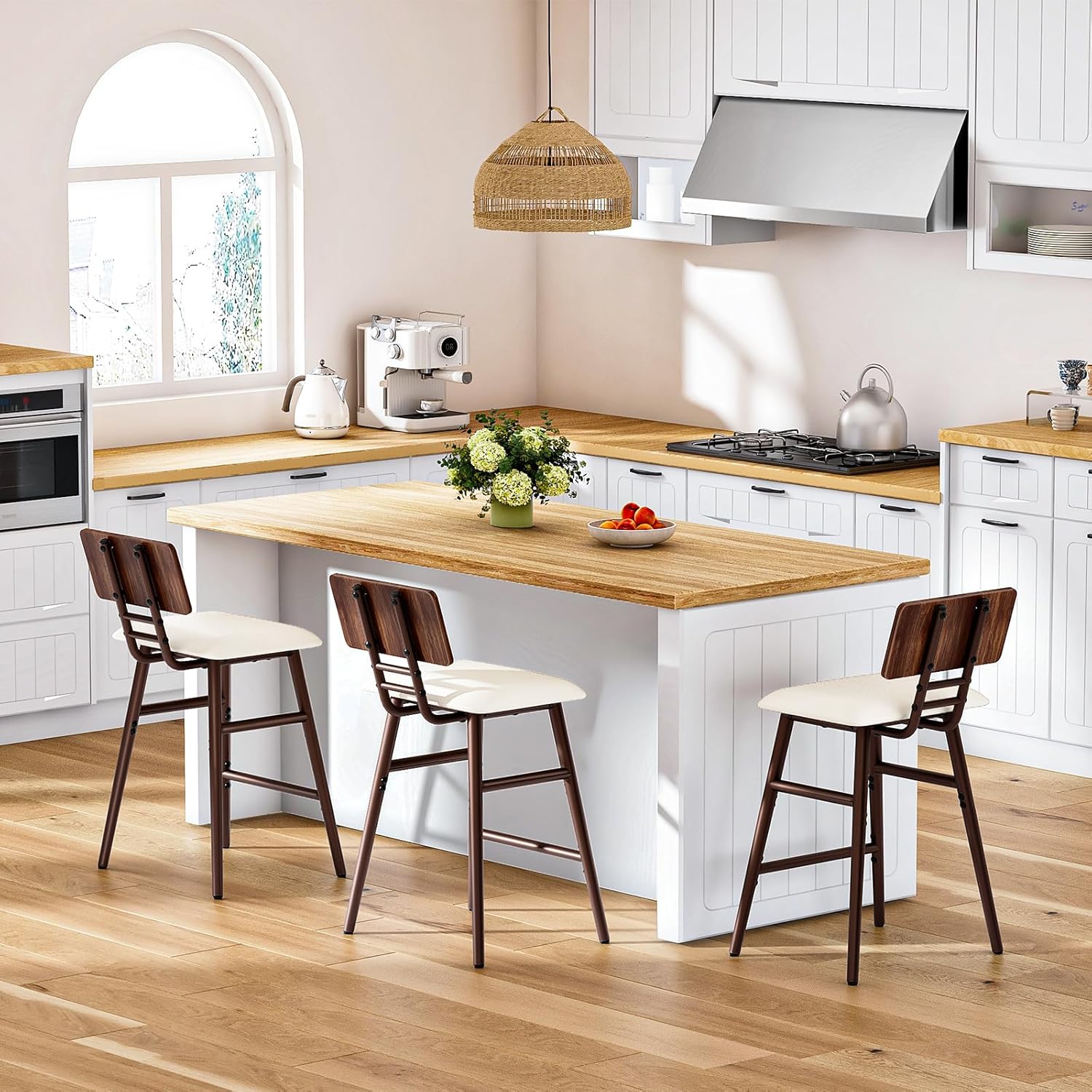 HOOBRO Bar Stools, Set of 2 Barstools, Bar Chairs with Footrests, Rattan Bar Stools, Bar Chairs with Backrests, for Dining Room, Kitchen, and Offices, Walnut and Beige HE42BYP201