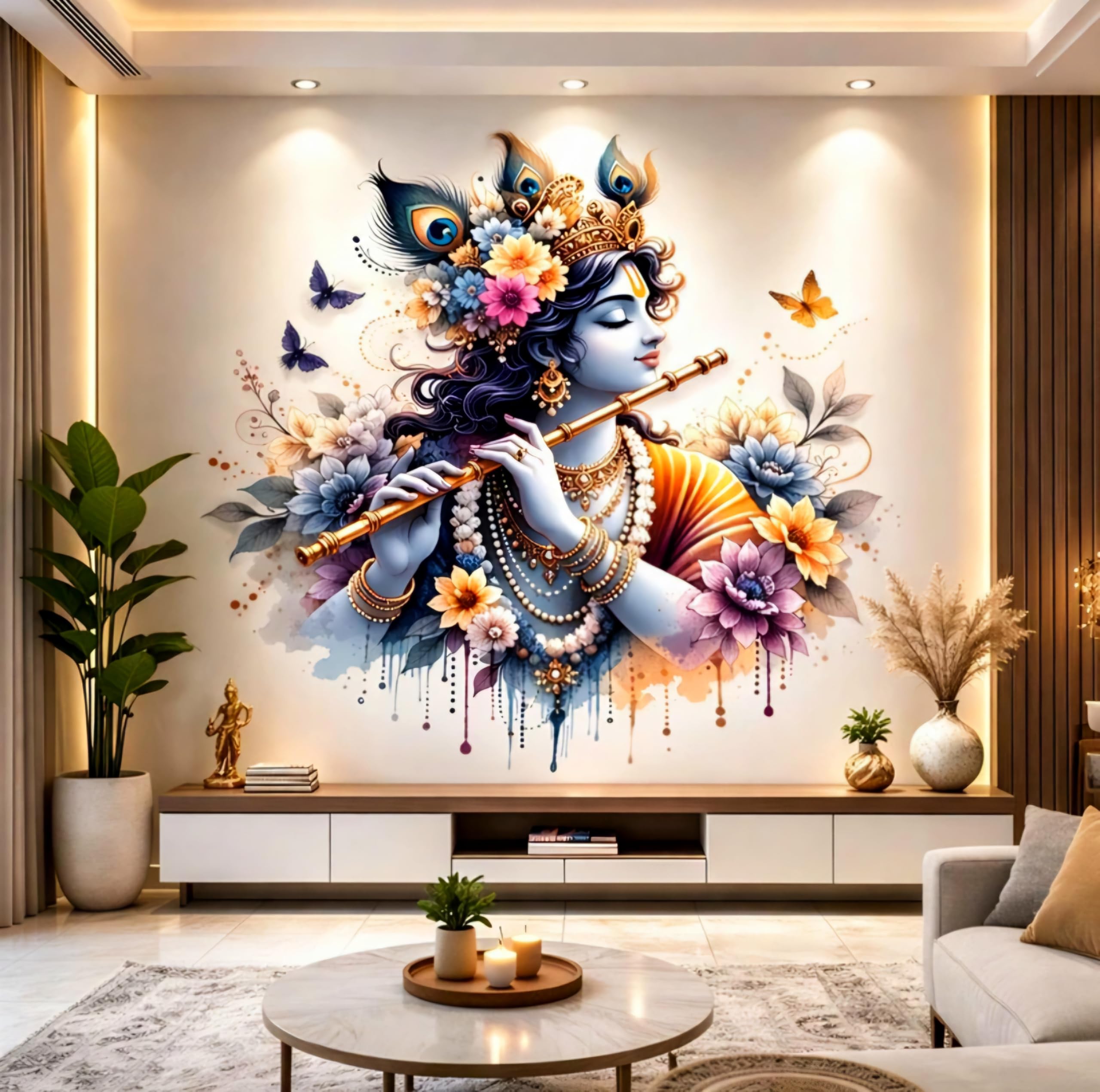 Lord Krishna Playing Flute Wall Sticker, Watercolour Floral Design, Spiritual Home Decor for Puja Room, Bedroom, Living Room, Kids Room, 3D Decal Sticker-image-13