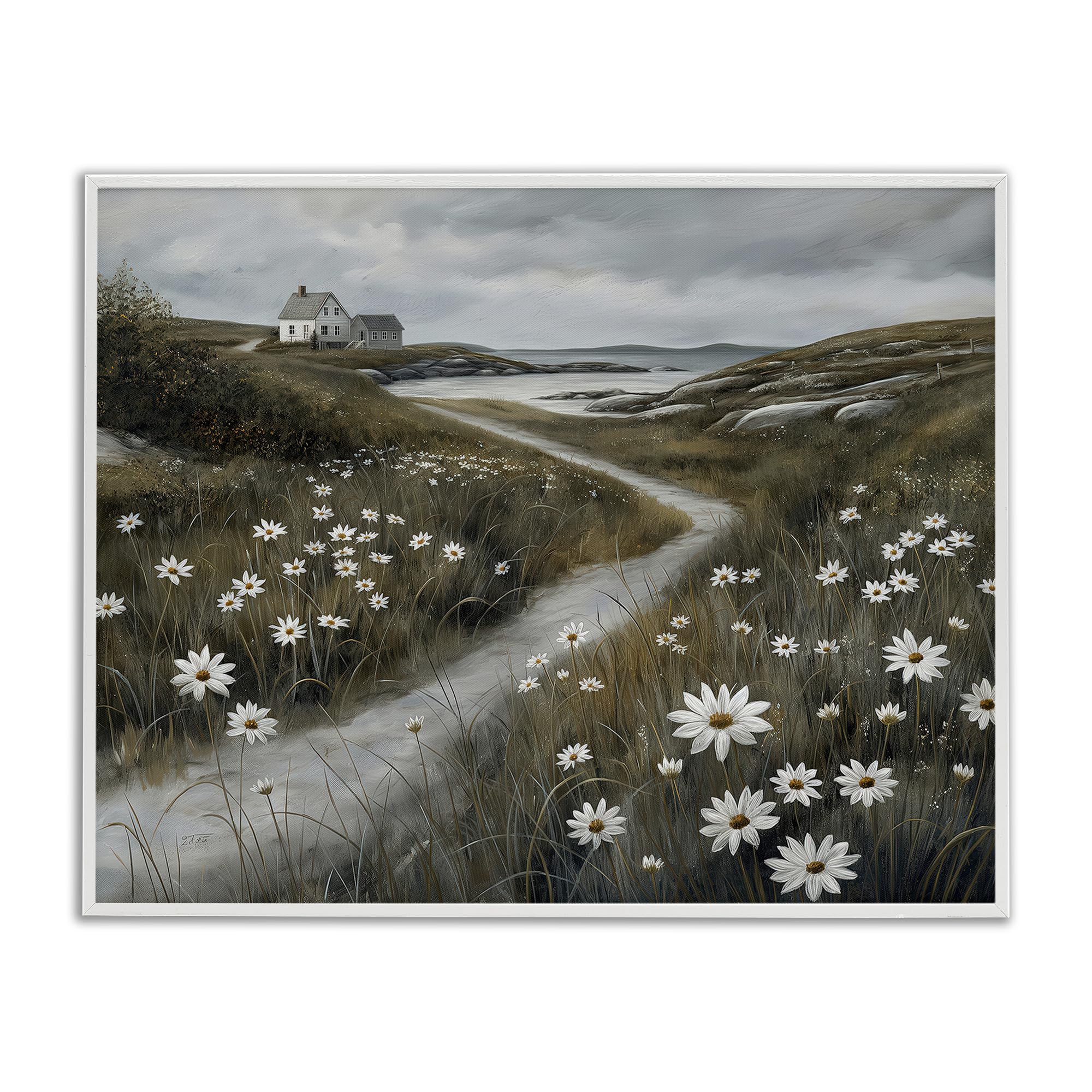 Stupell Industries Coastal Daisy Pathway Wall Art for Living Room, Greyscale Floral Landscape, 24 x 30 Inch Framed Giclée Print, by Imagine It Images, Made in USA Gift