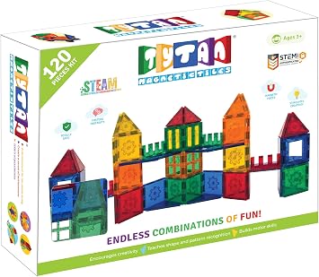 Tytan Tiles 120-Piece Magnetic Tiles Building Set, 1000s of Creations, Race Cars, 3D Structures, Ergonomic Design, Kids STEM Toy, Architecture, Innovative Play, Includes Storage Bag, Ages 3 and Up