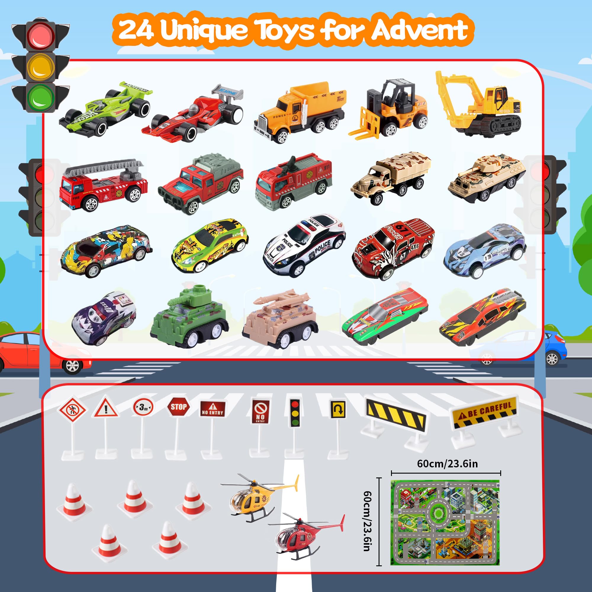 Calendrier De L'Avent Voitures Jouets 2024 - 24 Jours, 16 Voitures, 6 Personnages