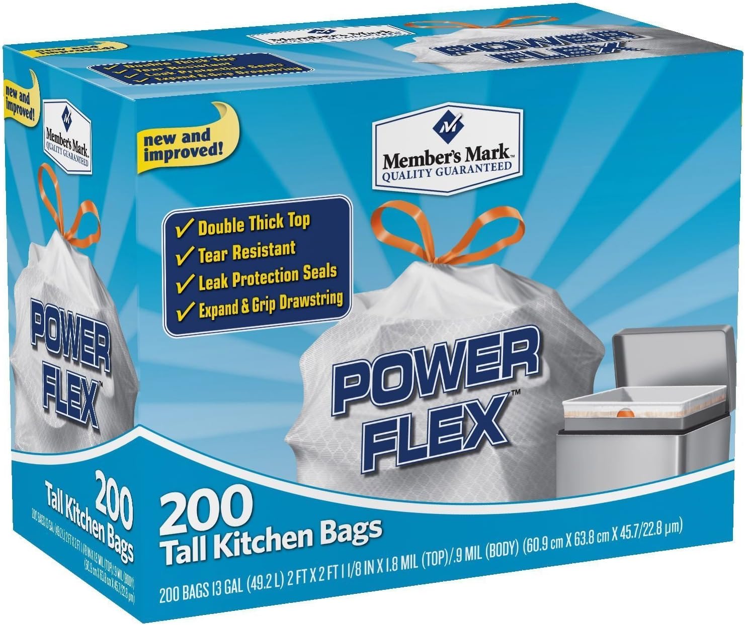 Member's Mark 13 gal Power Flex, Leak Protection, Tall Kitchen Simple Fit Drawstring Bags