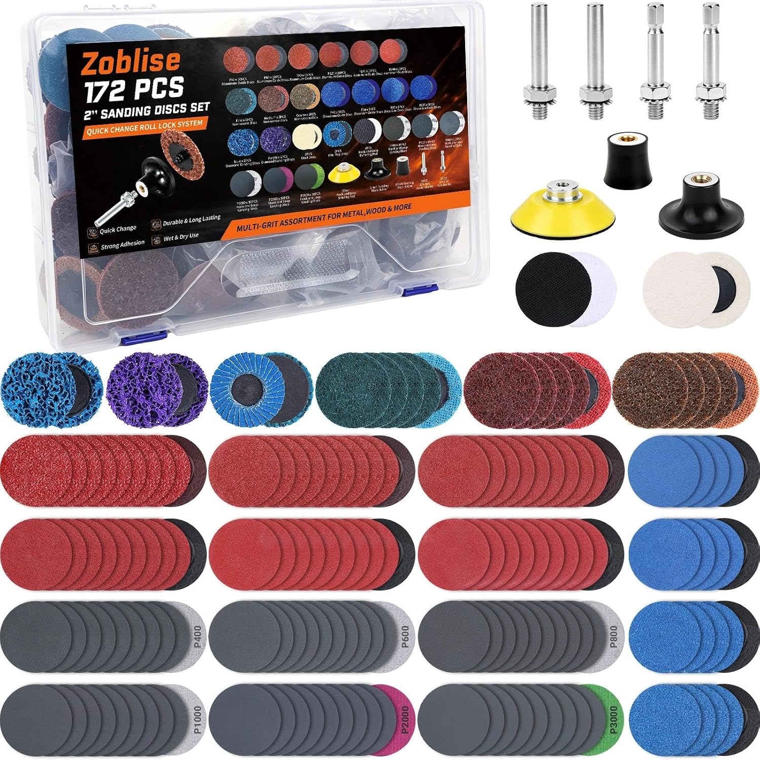 172 PCS 2 Inch Die Grinder Sanding Discs Kit, Quick Change Sanding Discs with 1/4" Hex & Round Shank Holders, Drill Sanding Attachment for Surface Conditioning, Grinding & Polishing