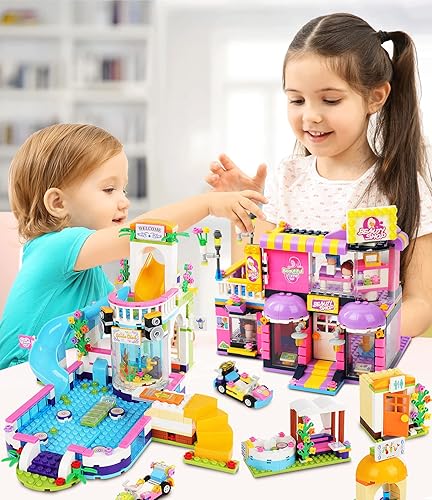 Miniatura 5 de Friends Pool Party Kit de construcción de peluquería para niñas de 6 a 12 años, juegos de bloques de construcción de piscina y peluquería con caja