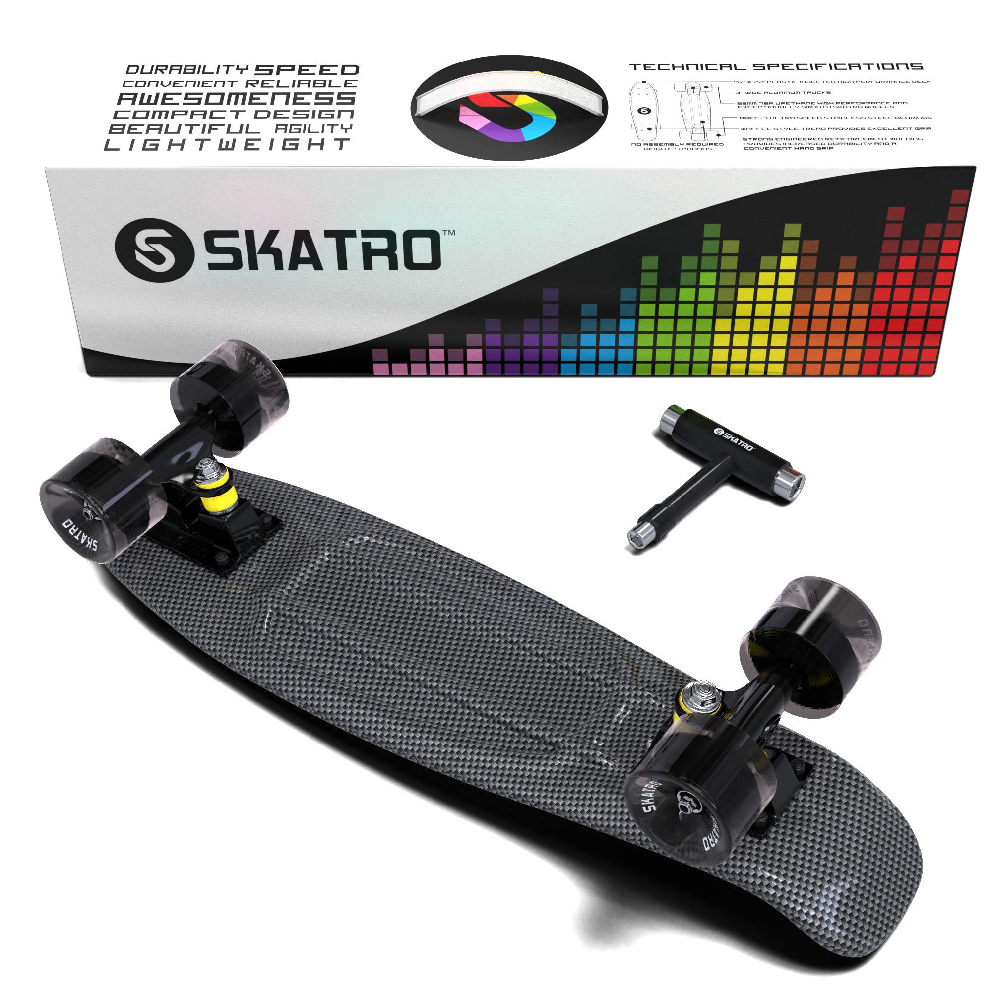 Skatro - Skateboard Mini Cruiser. Tavola Completa in plastica di 22 Pollici in Stile Retro
