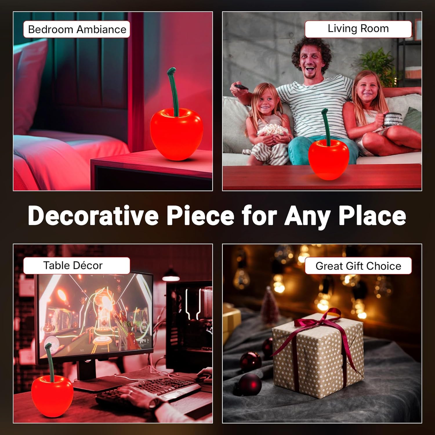 Cherry Lamp LED Light – Unique Red Table Lamp for Bedroom, Nightstand or Living Room, Funky and Modern Desk Lamp, Small Decorative Cherry Bedroom Decor