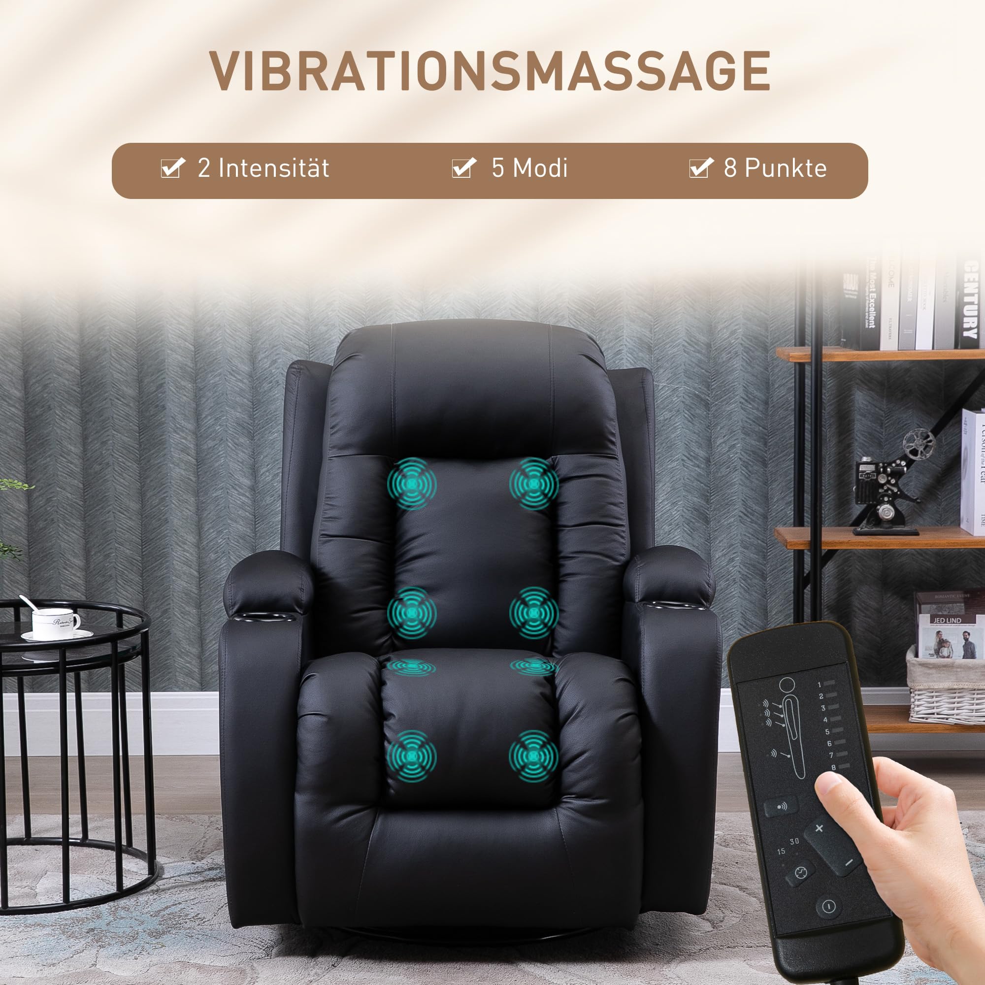 HOMCOM Relaxsessel verstellbar Massagesessel mit Liegefunktion, Heizung, Drehbar Fernsehsessel mit Wippfunktion, Becherhalter, Seitentasche, Timer, Kunstleder für Wohnzimmer Schwarz