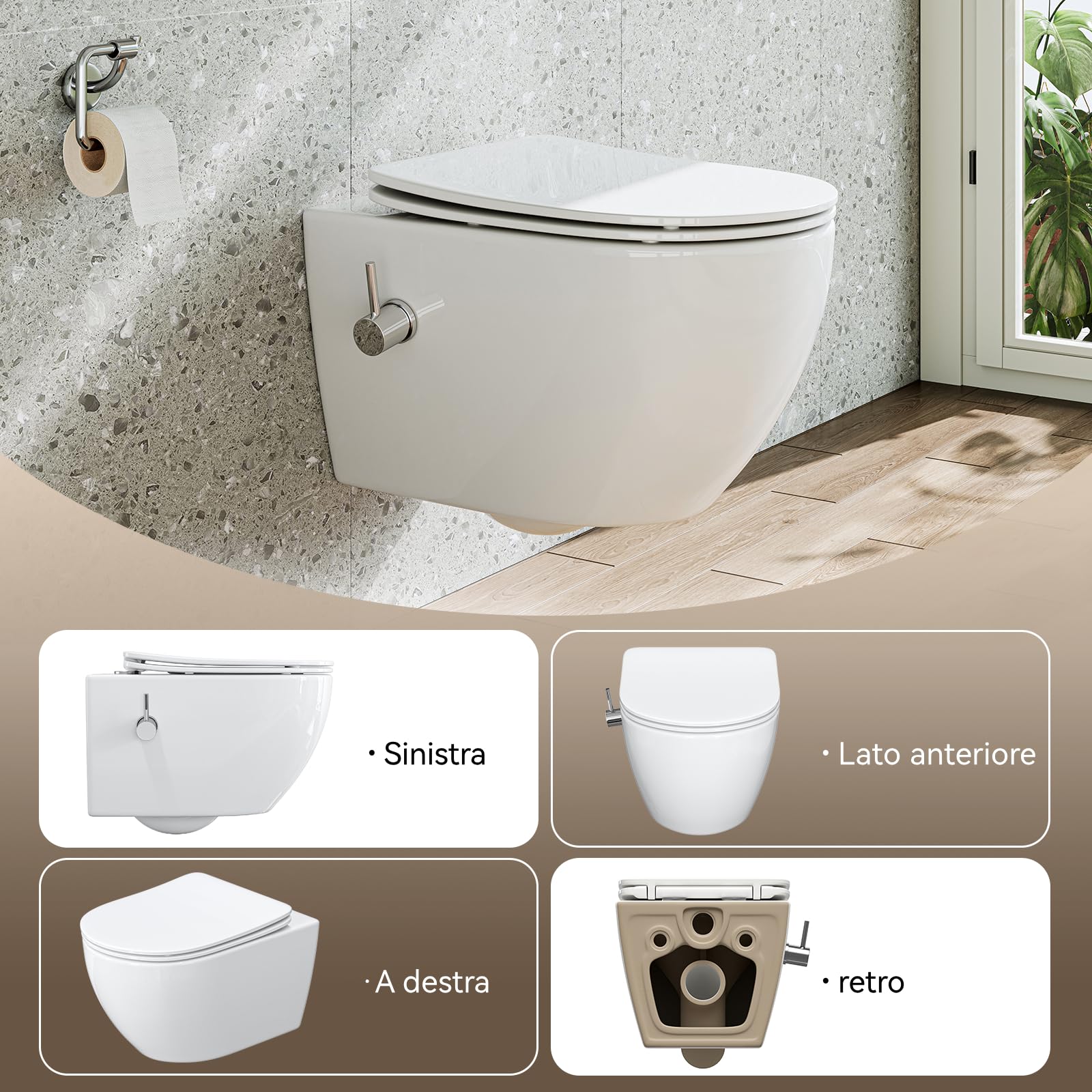 HOROW WC con ugello integrato, WC sospeso con funzione bidet, Taharet WC con rivestimento nano-rivestimento, WC con rubinetto, sedile WC con abbassamento automatico, acqua fredda, 53 x 36 x 35 cm
