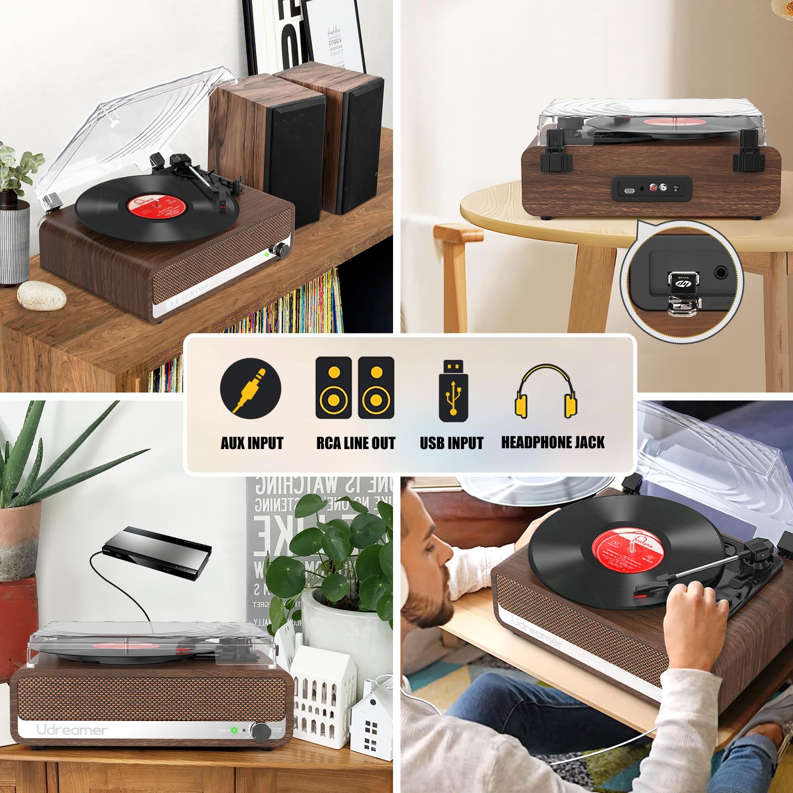 Udreamer Plattenspieler mit Lautsprecher Bluetooth Plattenspieler Vintage Vinyl Player Unterstützt USB AUX-Eingang Kopfhörer RCA Line-Out 3 Geschwindigkeiten Riemenantrieb Spiegeldesign Nussbaum