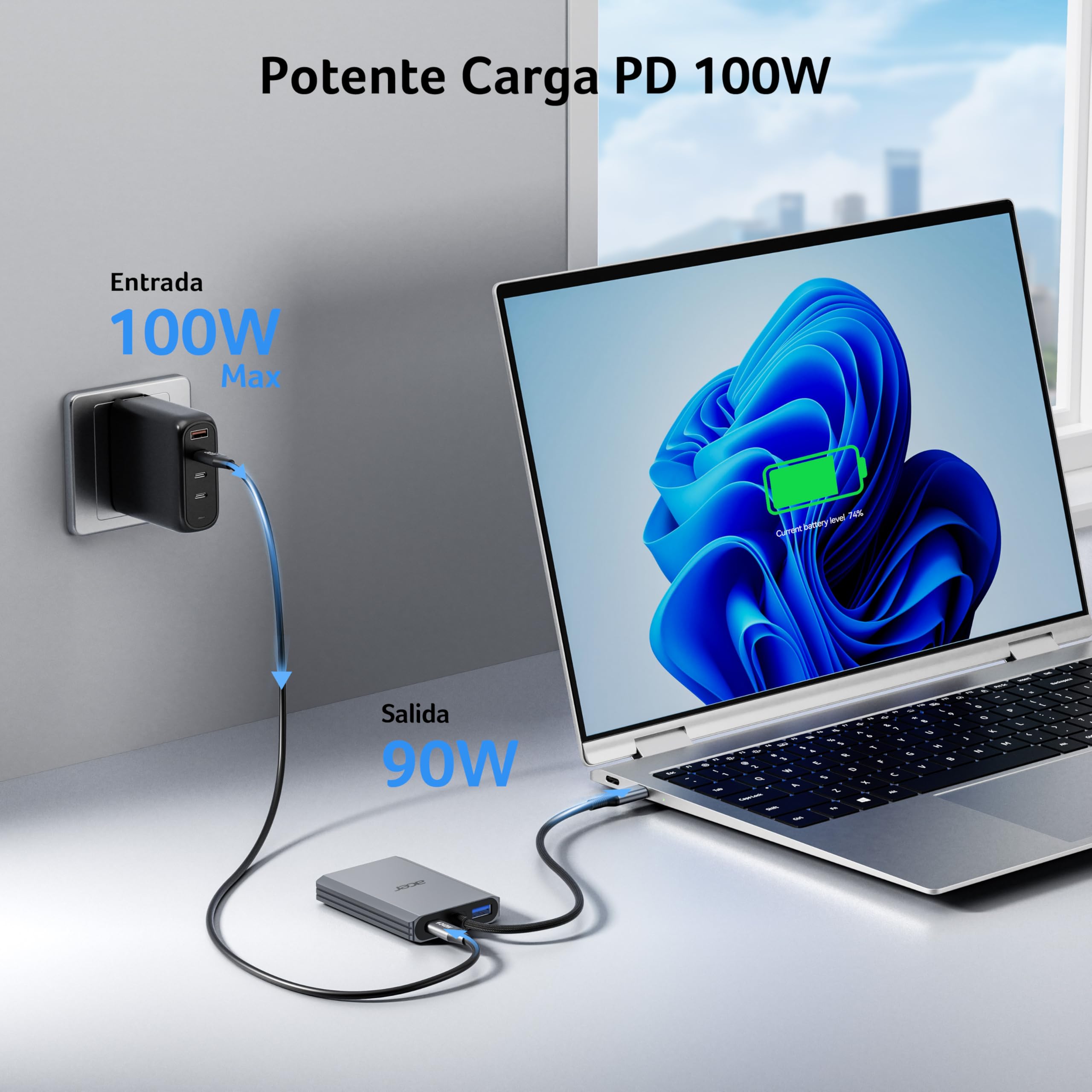 acer Adaptador USB C a HDMI Dual 4K@60 Hz, Adaptador Multipuerto Hub USB C 4 en 1 con PD 100W, USB 3.0, HDMI a USB C para Monitores Duales, Compatible con MacBook Air/Pro, DELL XPS, HP, etc