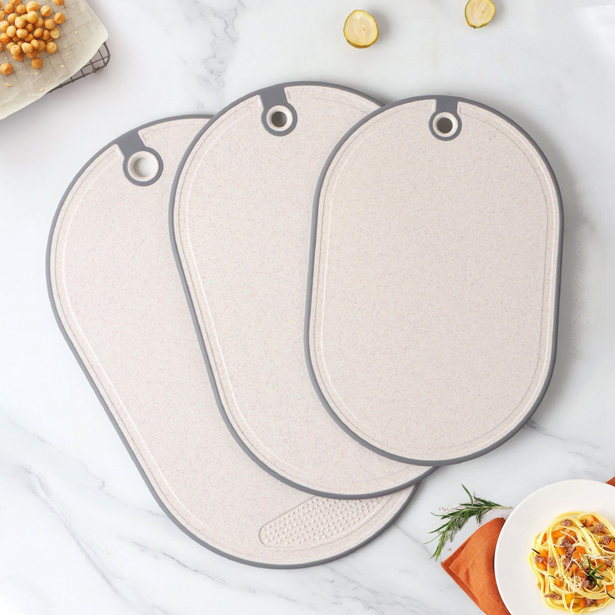 Tagliere 3 pezzi in Paglia di Grano, Cutting Board, Tagliere con Scanalature per Succo, Maniglie Antiscivolo, Fori per Appendere e Base, Tagliere da Cucina senza BPA
