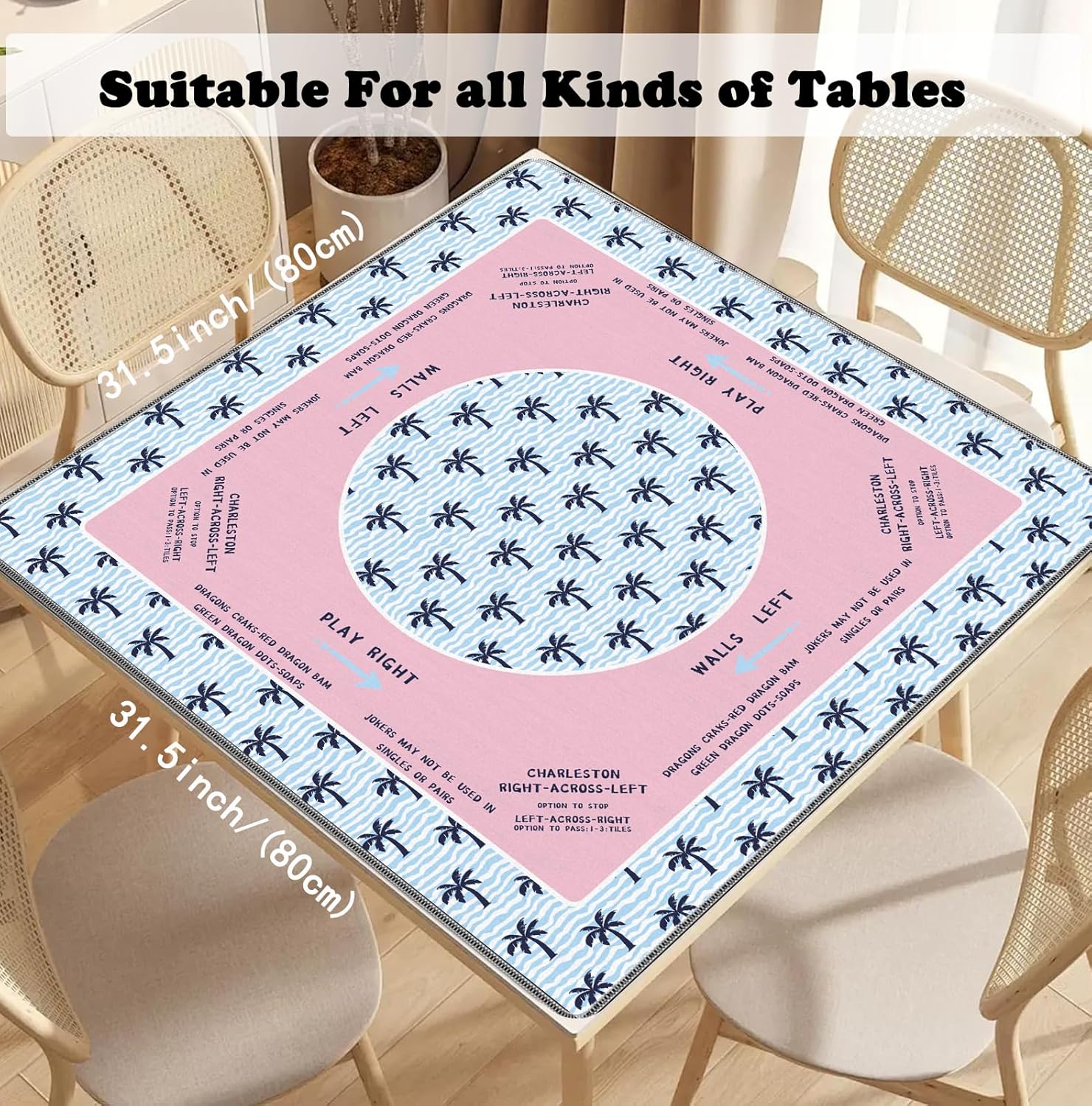 Tropical Palm Tree Mahjong Mat 31.5" x 31.5", Pink and Blue Coastal Beach Non-Slip Noise Reduction Mahjong Table Cover Accessories Supplies for Dominoes Poker Card Board and Tile Games Gifts