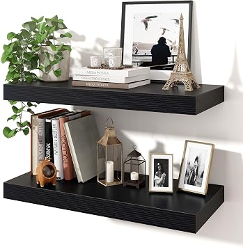 Axeman 24Inch Floating Shelves for Wall, 2 Pack Shelves for Bedroom, Bathroom, Kitchen, Hanging Wall Mounted Rustic Wood Shelf with Invisible Brackets for Books Decor, Black