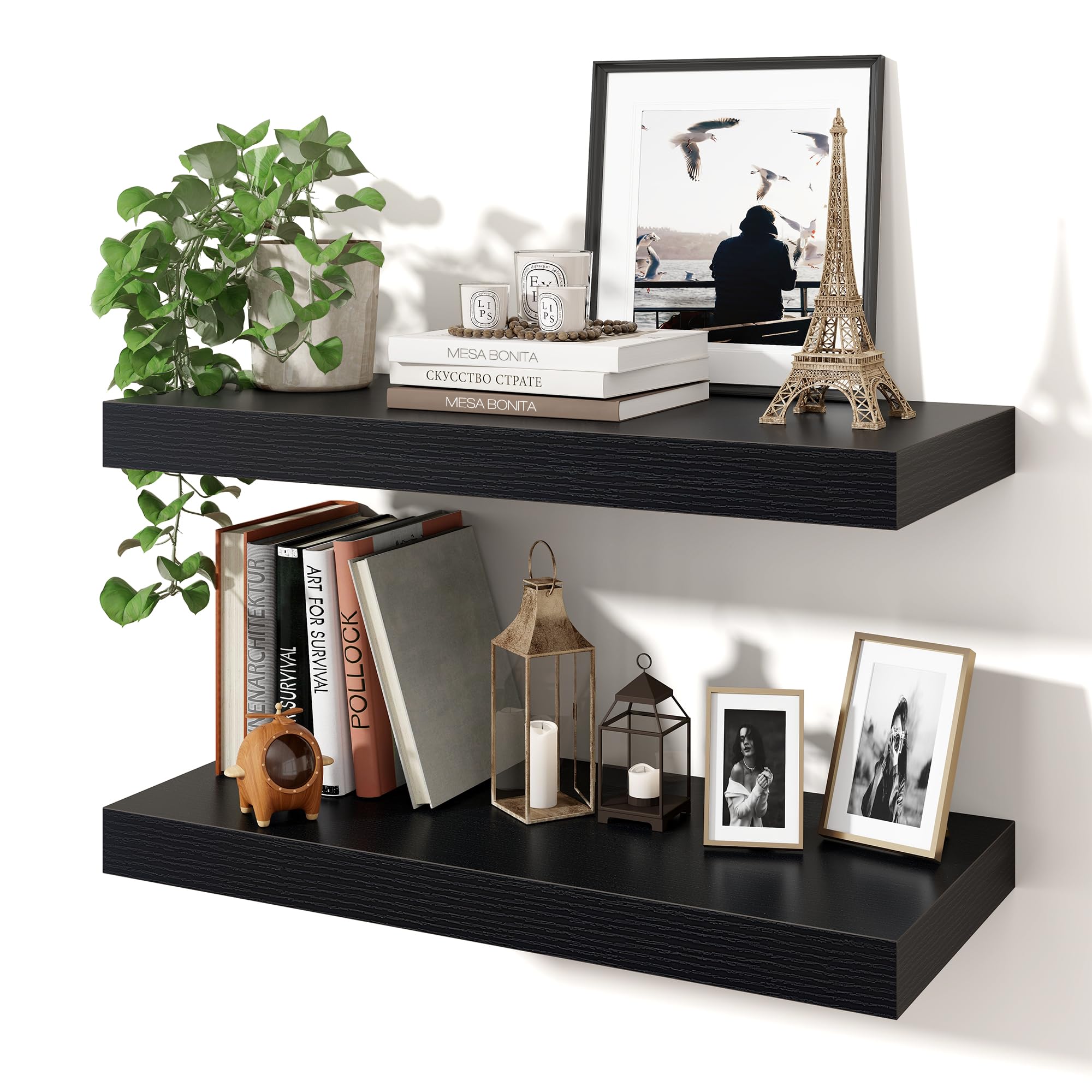 Axeman 60cm Floating Shelves for Wall 2 Pack Shelves for Bedroom|Kitchen|Bathroom Wall Mounted Rustic Wood Floating Shelf with Invisible Brackets for Books|Storage|Decor, Black, 25cm Deep โ image 1