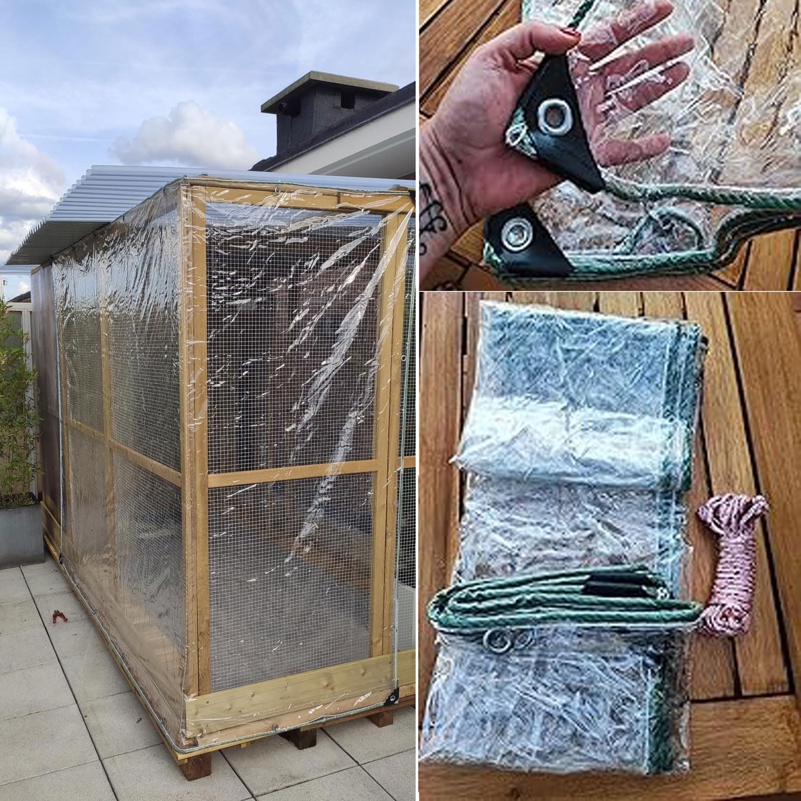 Lona impermeable transparente con ojal, 2 x 2,5 m, 0,35 mm, grosor multifunción, PVC, protección para piscina, jardín, coche, muebles, incluye cuerda y bridas