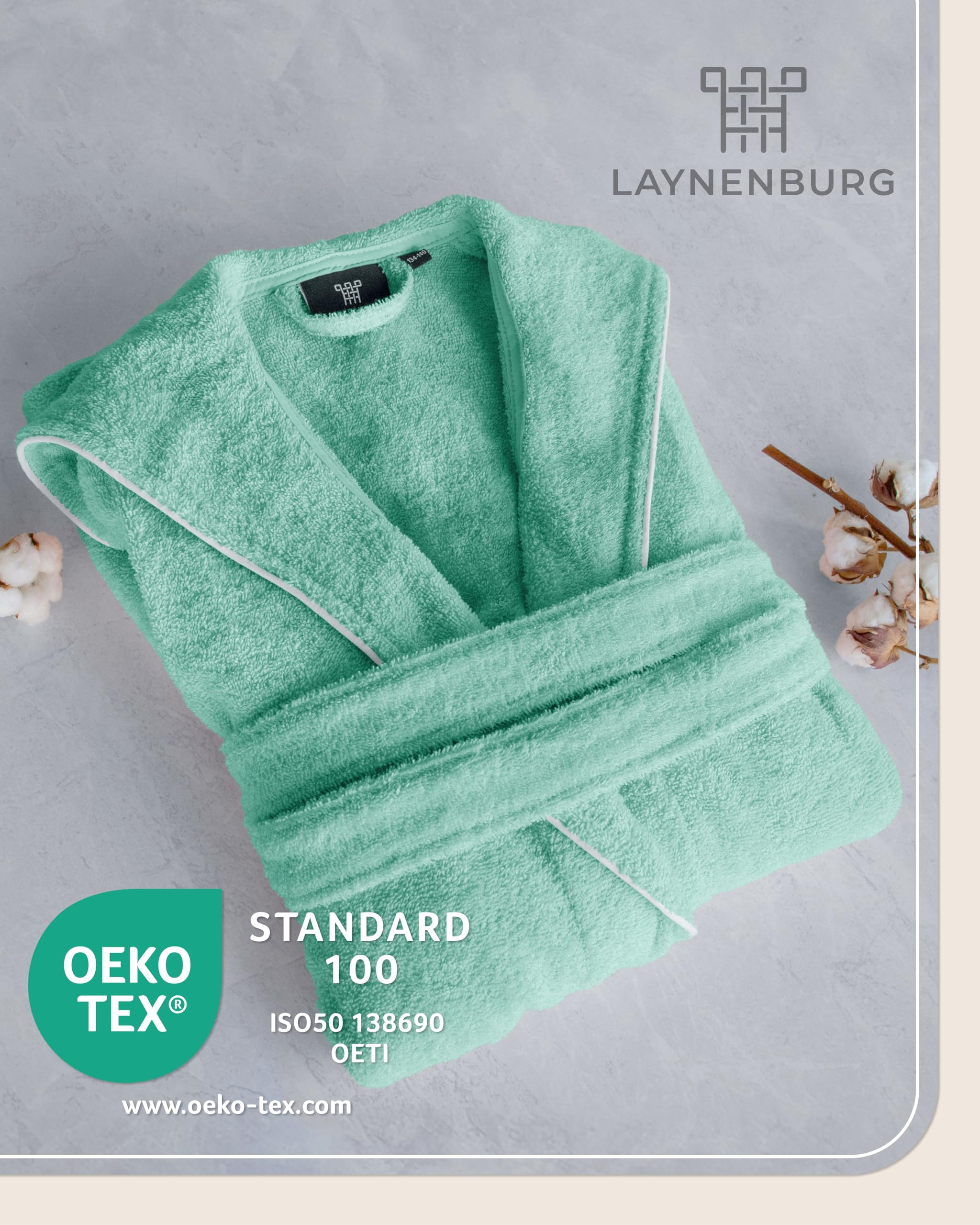 LAYNENBURG Premium Bademantel Kinder & Teenager mit Kapuze - 100% Baumwolle - OEKO TEX Standard 100 - flauschiges Frottee - Größen 110 bis 176