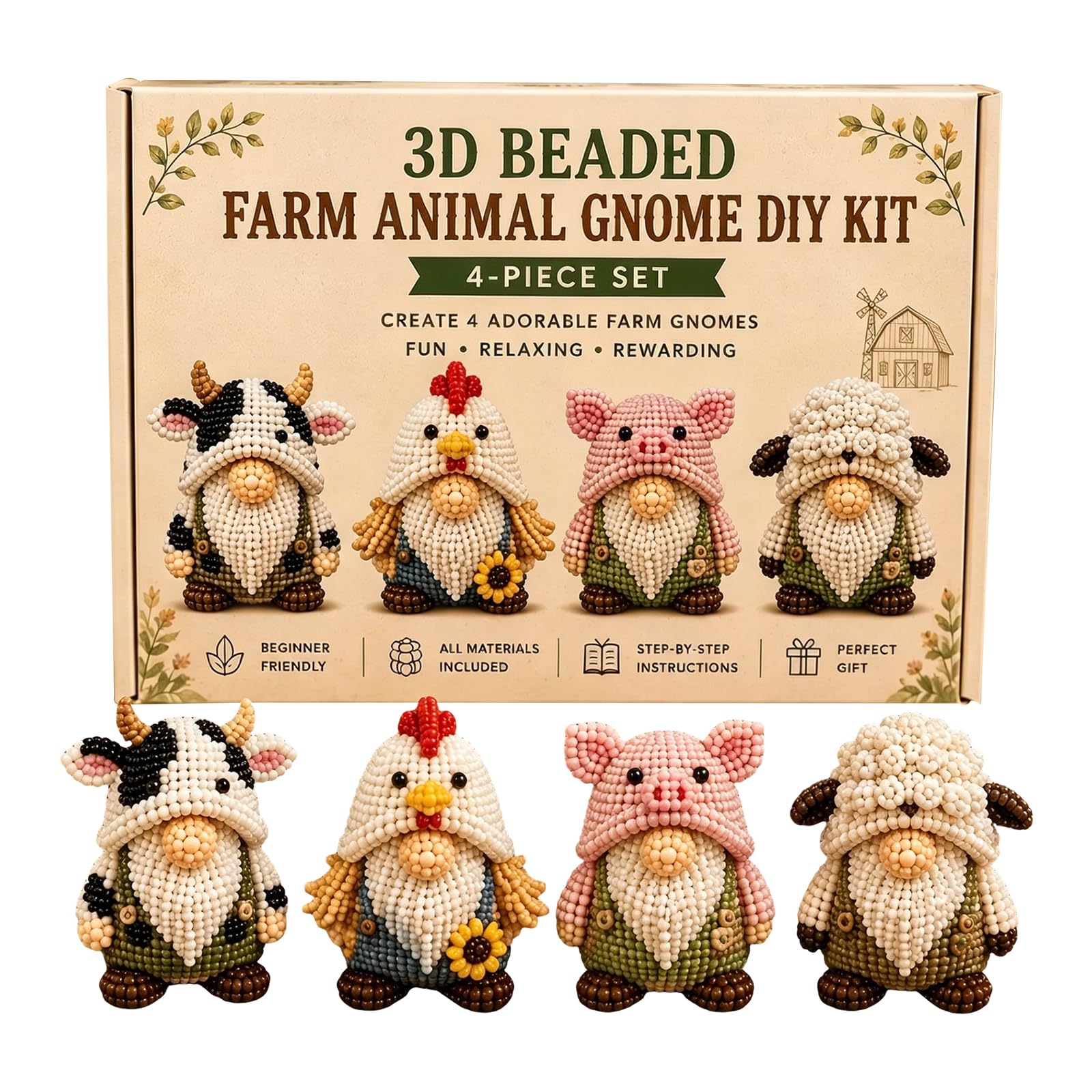 Set 04 Diy Gnome Bead Craft Set Cute 3D Beaded Gnome Kit Animals Beadwork Crafts Kits Handmade Jewelry Art Beaded Kit Decoration Gifts For Beginners & Craft Enthusiasts Creative Beadwork Crafts