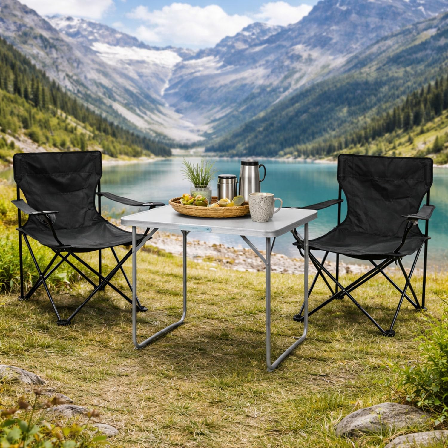 Mojawo 3tlg. Campingmöbel Set Alu 80x60x68cm 1x XL Campingtisch mit Tragegriff + 2 Anglerstühle, Faltstühle Schwarz