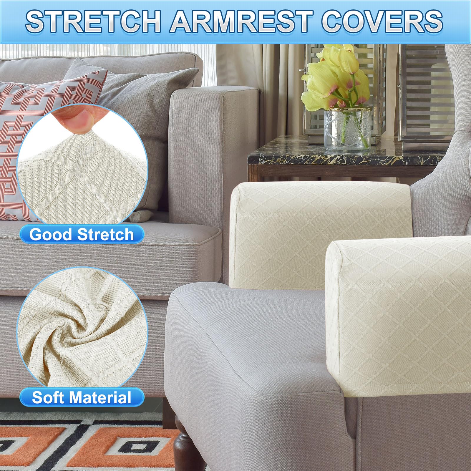 QUARKZMAN 2Pcs Fundas Estirables para Reposabrazos para Sillones Blanco | Fundas De Poliéster Con Patrón De Diamante, Y Sofás Reclinables, Con Alfileres De Torsión Para Sillas Sofás