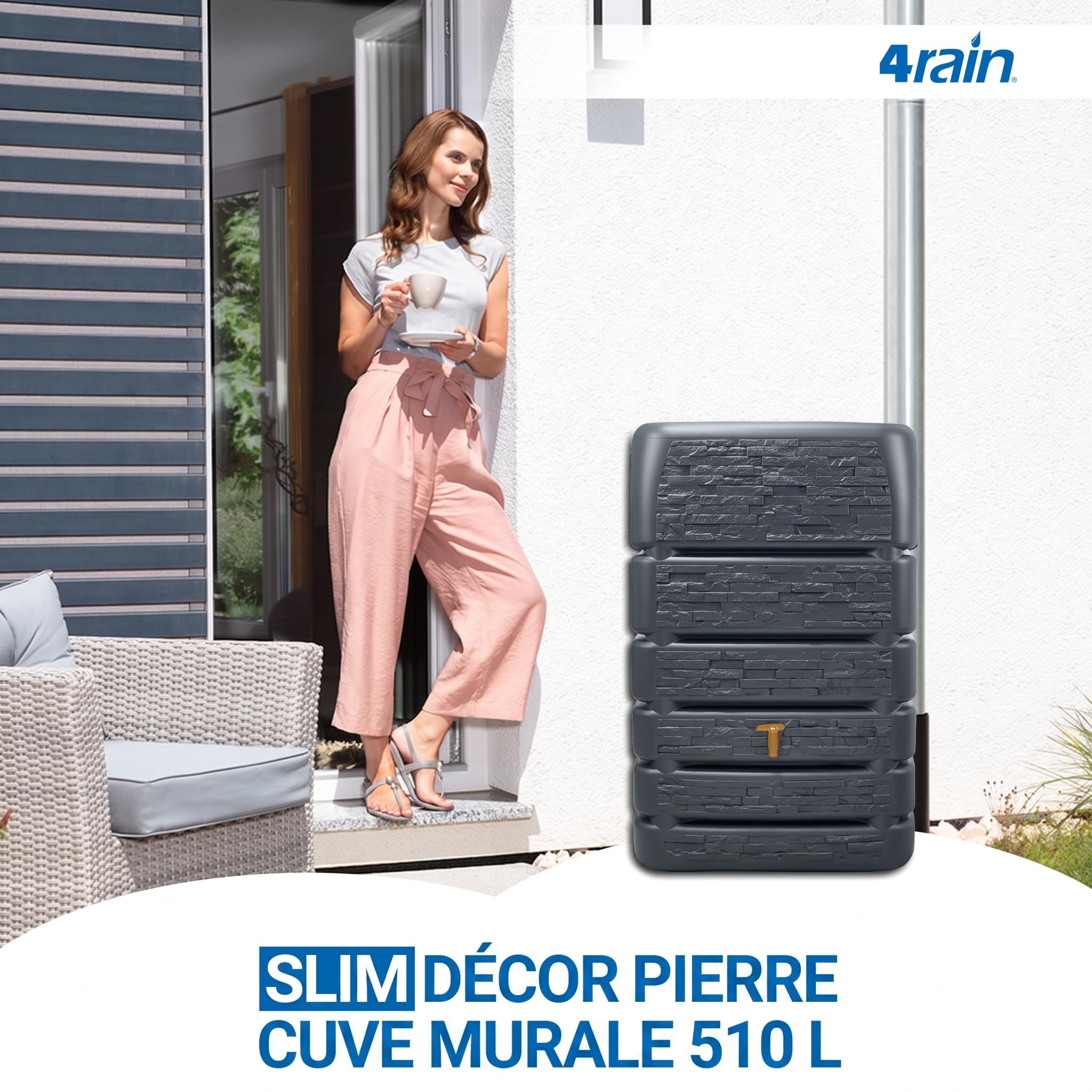 4rain Cuve Murale Recuperateur d Eau de Pluie, 510 L, Gris Graphit | Slim Stone Decor, décorative pour Jardin, Collecteur d’Eau, Design Robuste avec Robinet