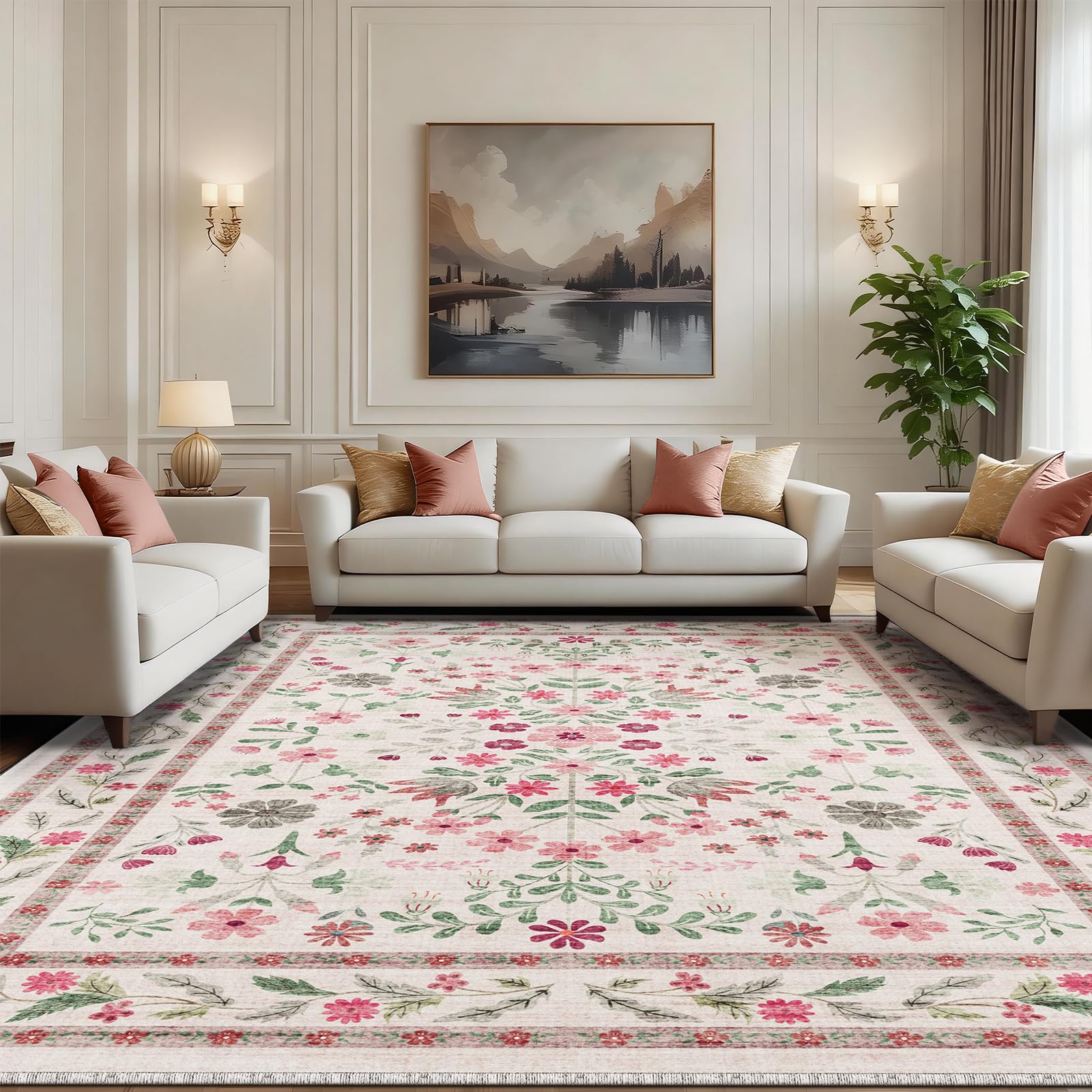 BYBSRLL Rugs Living Room 160x230cm, Vintage Floral Rug, Washable Rug & Non-Slip Low Pile Carpet, Soft Boho Large Rugs for Bedroom, Kitchen, Entryway, Hallway, Dinning Room, Light Pink