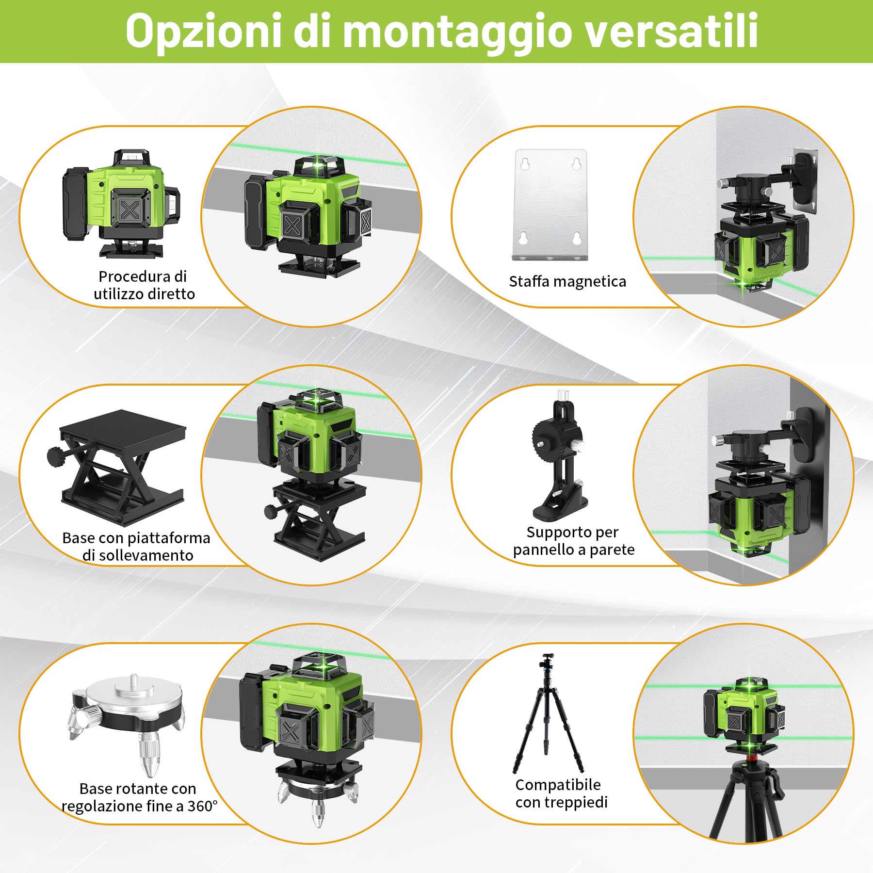 Livella Laser 16 Linee con Treppiede, Livella Laser Autolivellante 360, Batteria Ricaricabile, con Staffa a Parete, Telecomadon, per Lavori Costruzione e Decorazione D'interni
