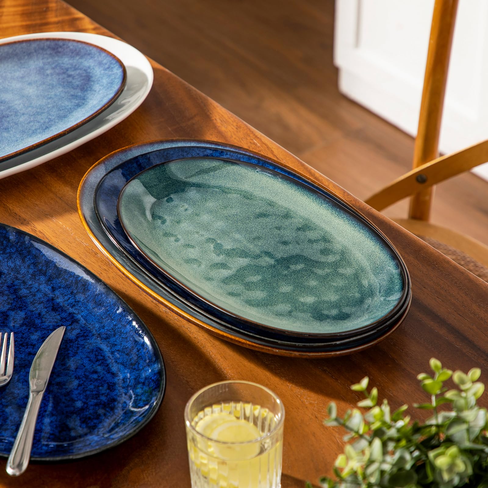 vancasso Servierplatte, Servierplatten 3er set, Ovalen Servierteller, Steingut Dessertteller, Frühstücksteller, Kuchenteller, 3 Größen Essteller, Grün