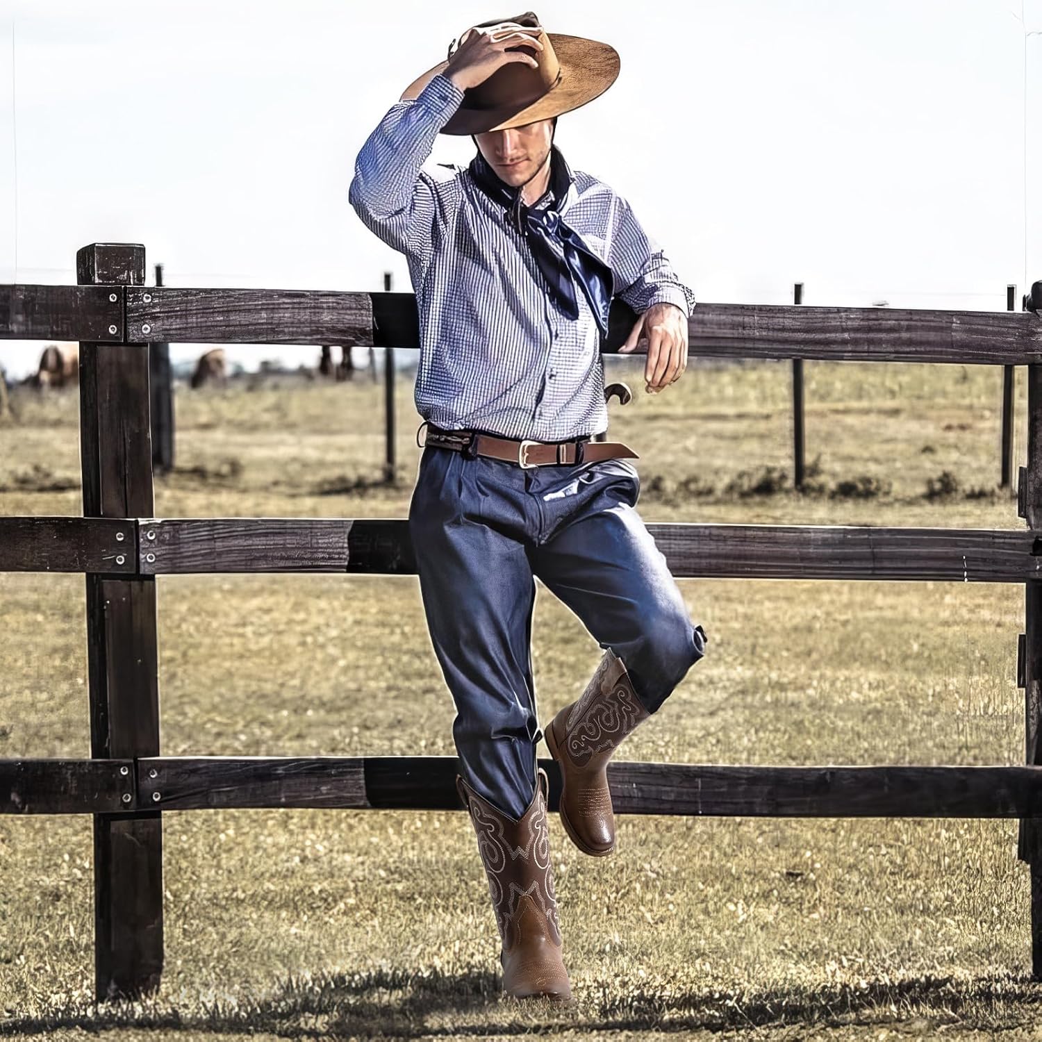 J's.o.l.e Mens Cowboy Boots Square Toe Western Boots Pull on Silp Resistant Brown Work Boots