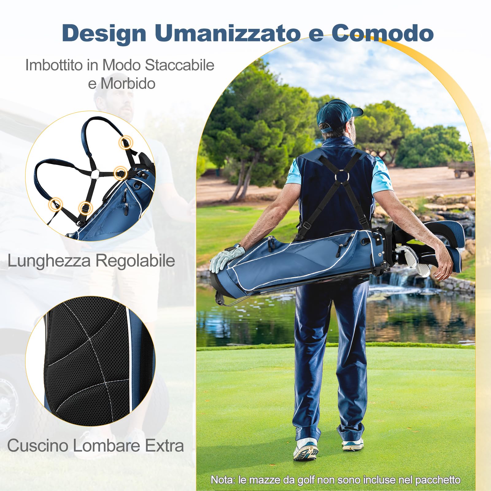GYMAX Borsa da Golf, Sacca da Golf con Cavalletto, 20,5 x 14 x 125 cm