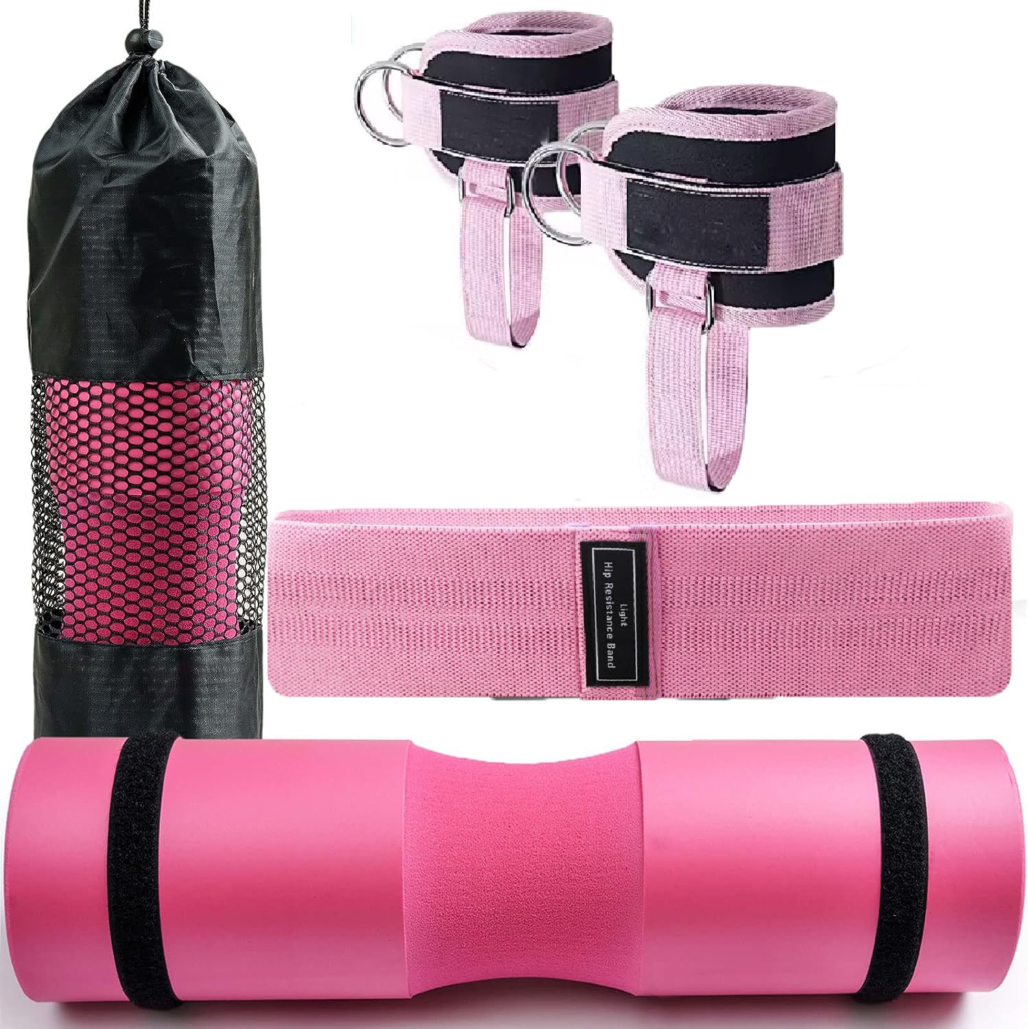 Barbell Pad Set, Barbell Squat Pad for Hip Thrust, Lunges, Leg day with 2 Gym Ankle Straps 1 Hip Resistance Bands and and Carry Bag