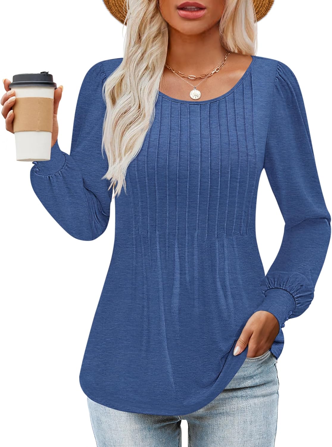 ZESICA Long Sleeve Shirts for Women Fall Tops Crew Neck Pleated Casual Tunic Blouses Blue X-Large