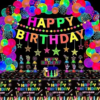 80 Pack Glow Neon Party Supplies Glow Party Decorations Black Light Reactive Decor Set - Fluorescent Banner, BlackLight Garland, Hanging Stars, Glow in The Dark Balloons, Neon Tablecloth, Cake Toppers