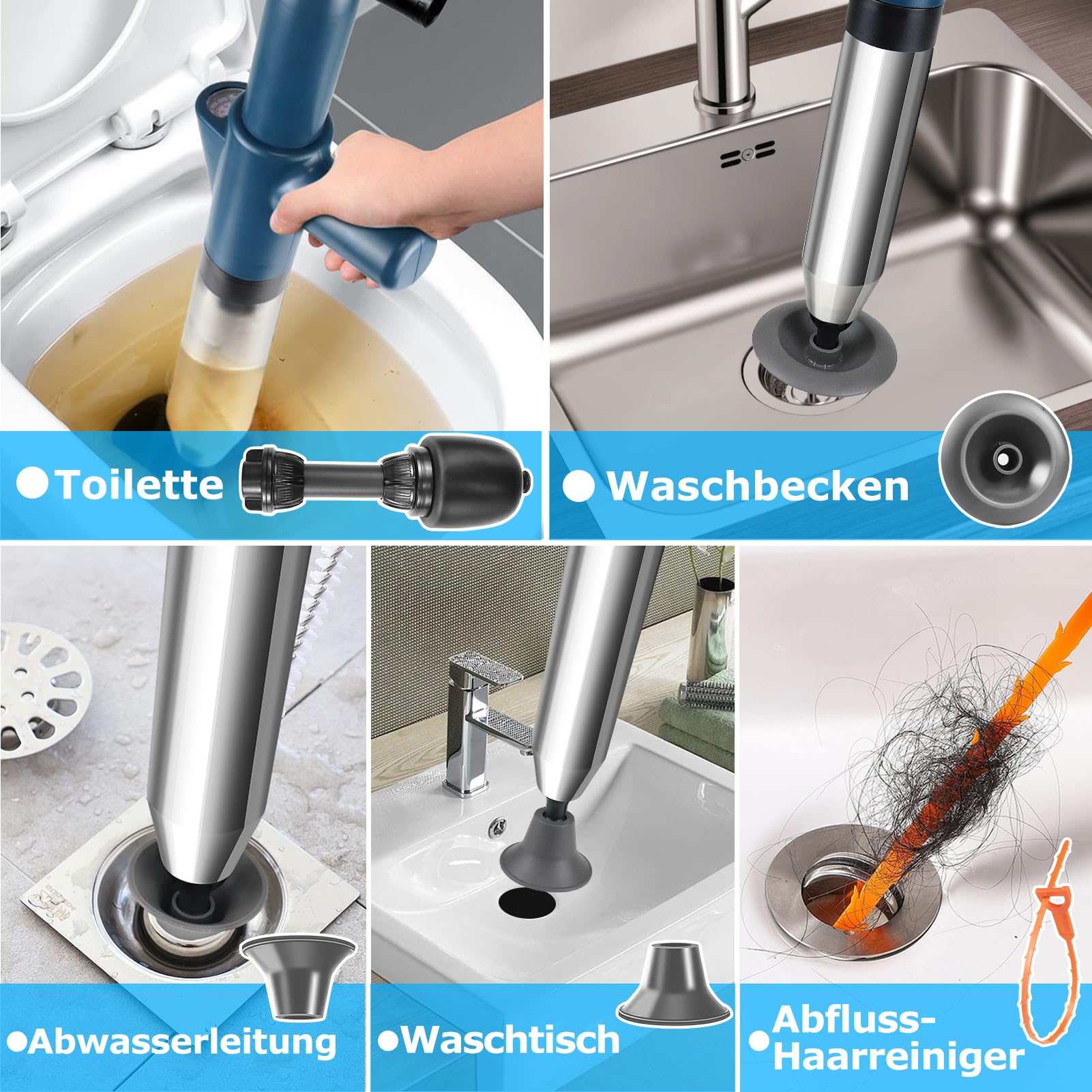 Hochdruck Abflussreiniger Pumpe mit Luftdruckanzeige, Rohrreiniger Druckluft mit 4 Saugnäpfen, Grün Toiletten Pömpel für Waschbecken, Toiletten, Badezimmer, Dusche, Küche
