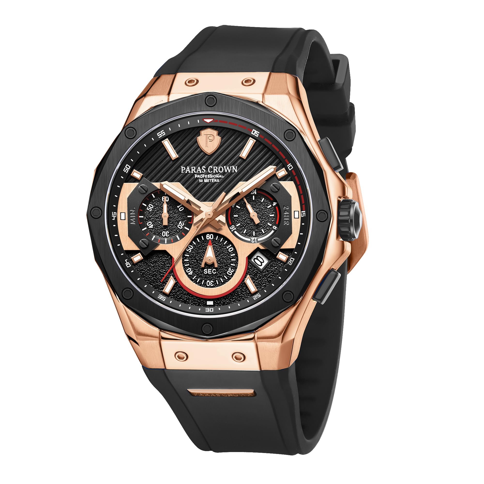 PC PARAS CROWN Uhren Herren mit Japanischem Uhrwerk 5ATM Chronograph Quarzuhr Edelstahl Tonneau-Gehäuse Herren Uhr mit Silikonarmband