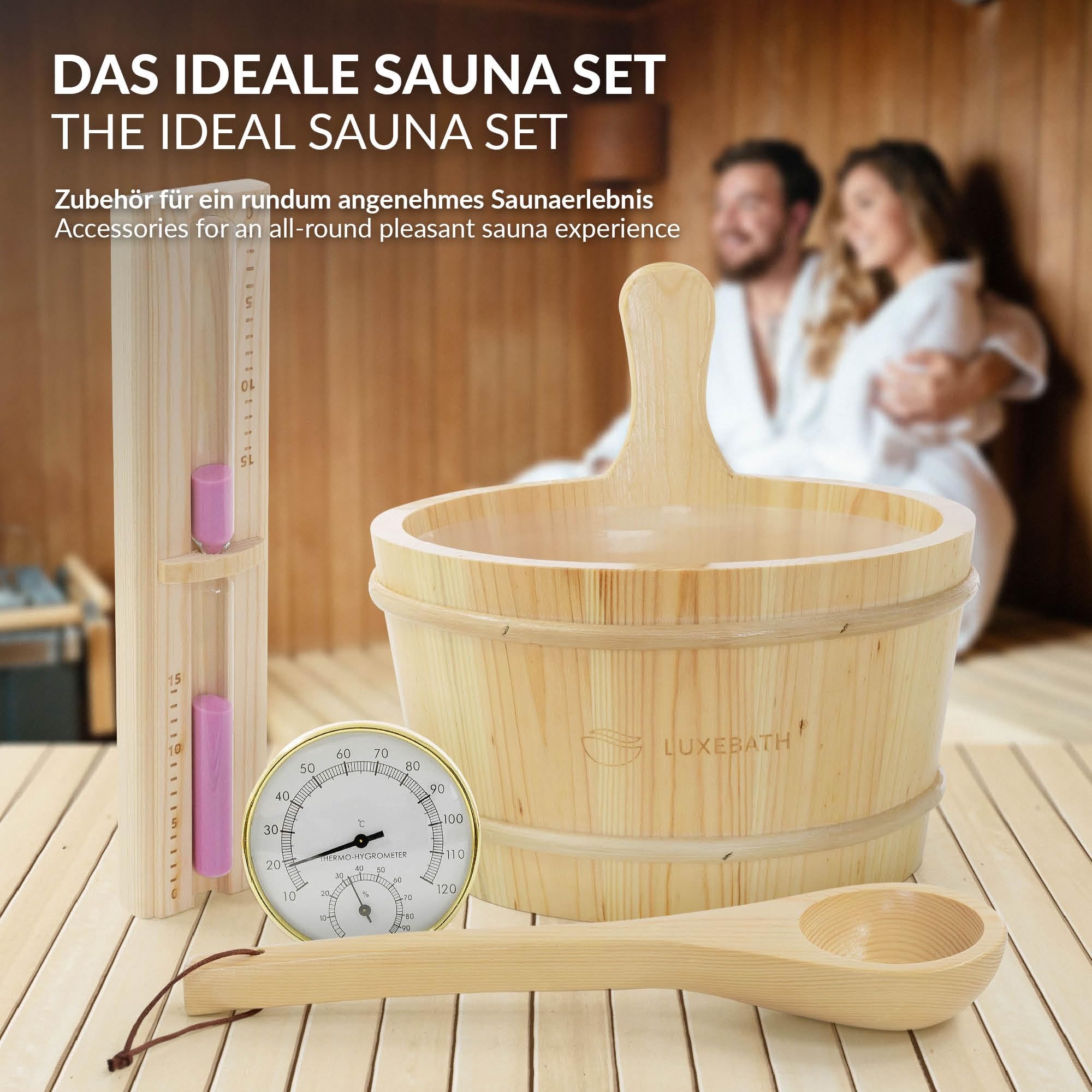 LuxeBath Kit Accessori Sauna in Legno di Pino Massiccio, Collezione Benessere 4 Pezzi, Secchiello per Infusione con Mestolo, Misuratore Termo Igrometrico e Clessidra 15 Minuti, Recipiente 4,5 L
