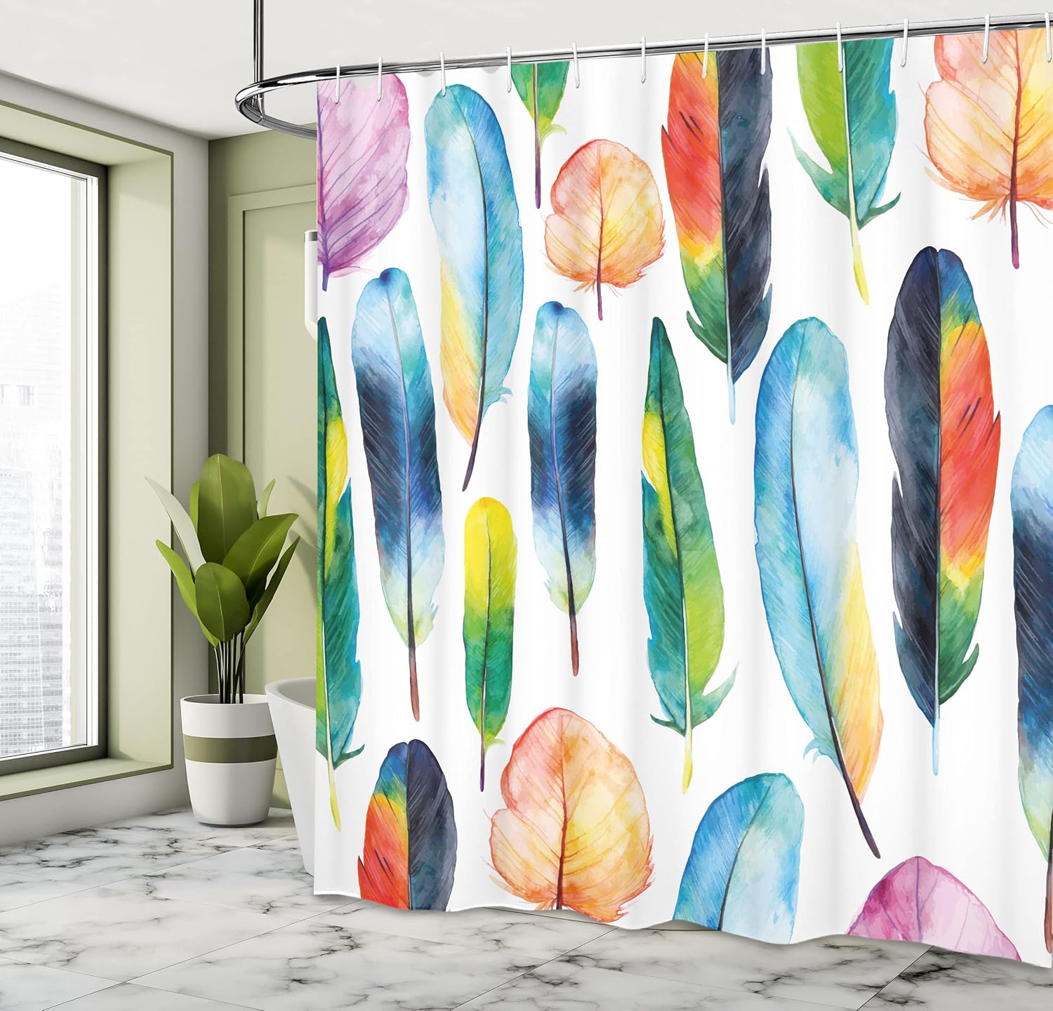 Ambesonne Colorful Shower Curtain, Watercolor Design Abstract Modern Bohemian Ornaments Soft Colors Print, Cloth Fabric Bathroom Decor Set with Hooks, 69" W x 84" L, White and Multicolor