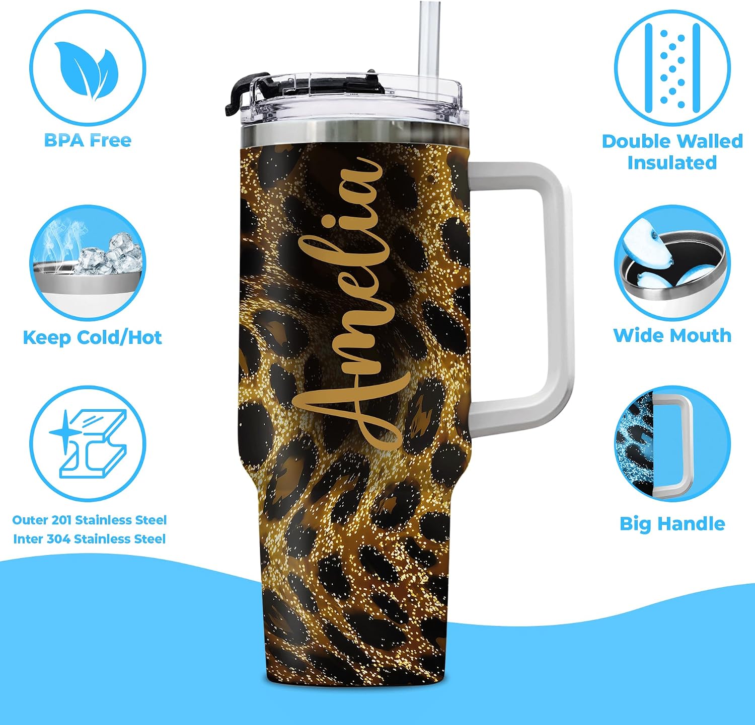 Hyturtle Personalized Leopard Print 40oz Tumbler with Handle & Straw Gifts for Women on Mother's Day Birthday, Cheetah Print Cup, Animal Skin Custom Name Stainless Steel Travel Cup