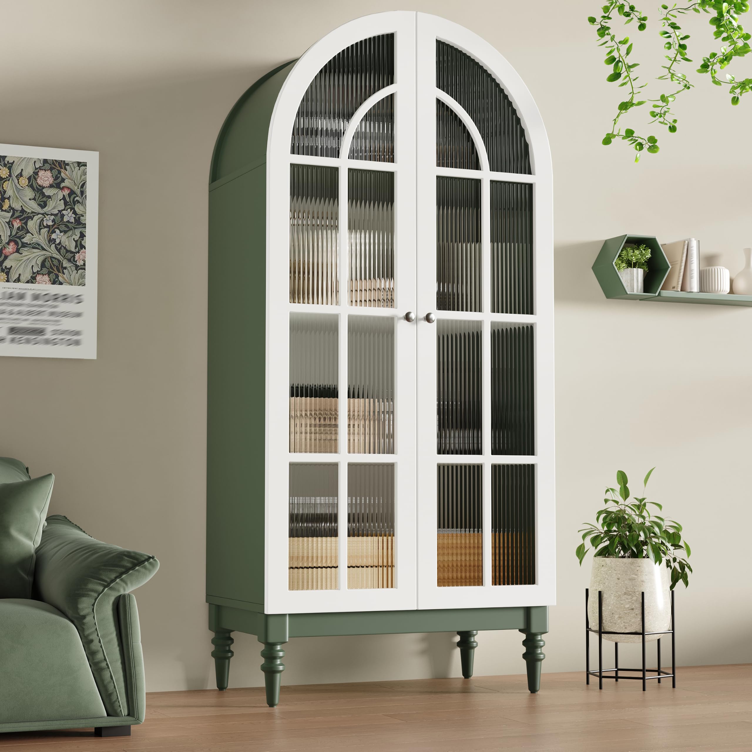 Vitrina arqueada 165 cm con puertas dobles de cristal estriado, 3 niveles, verde oscuro y blanco