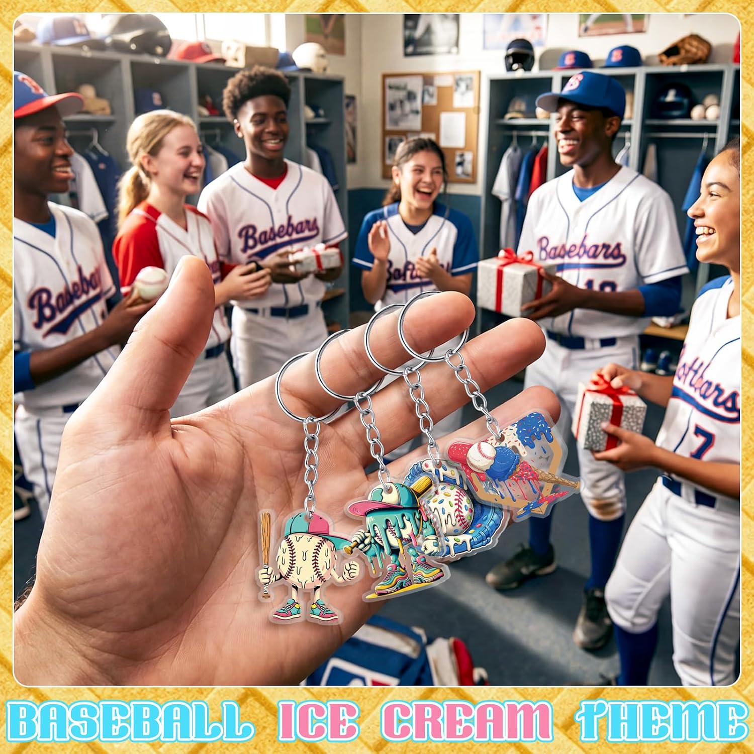 Liliaafar 30 Pcs Ice Cream Drip Baseball Keychain Souvenirs Gift Bulk Ice Cream Drip Baseball Acrylic Keychain Party Supplies for Sport Team Adults Gift Souvenirs