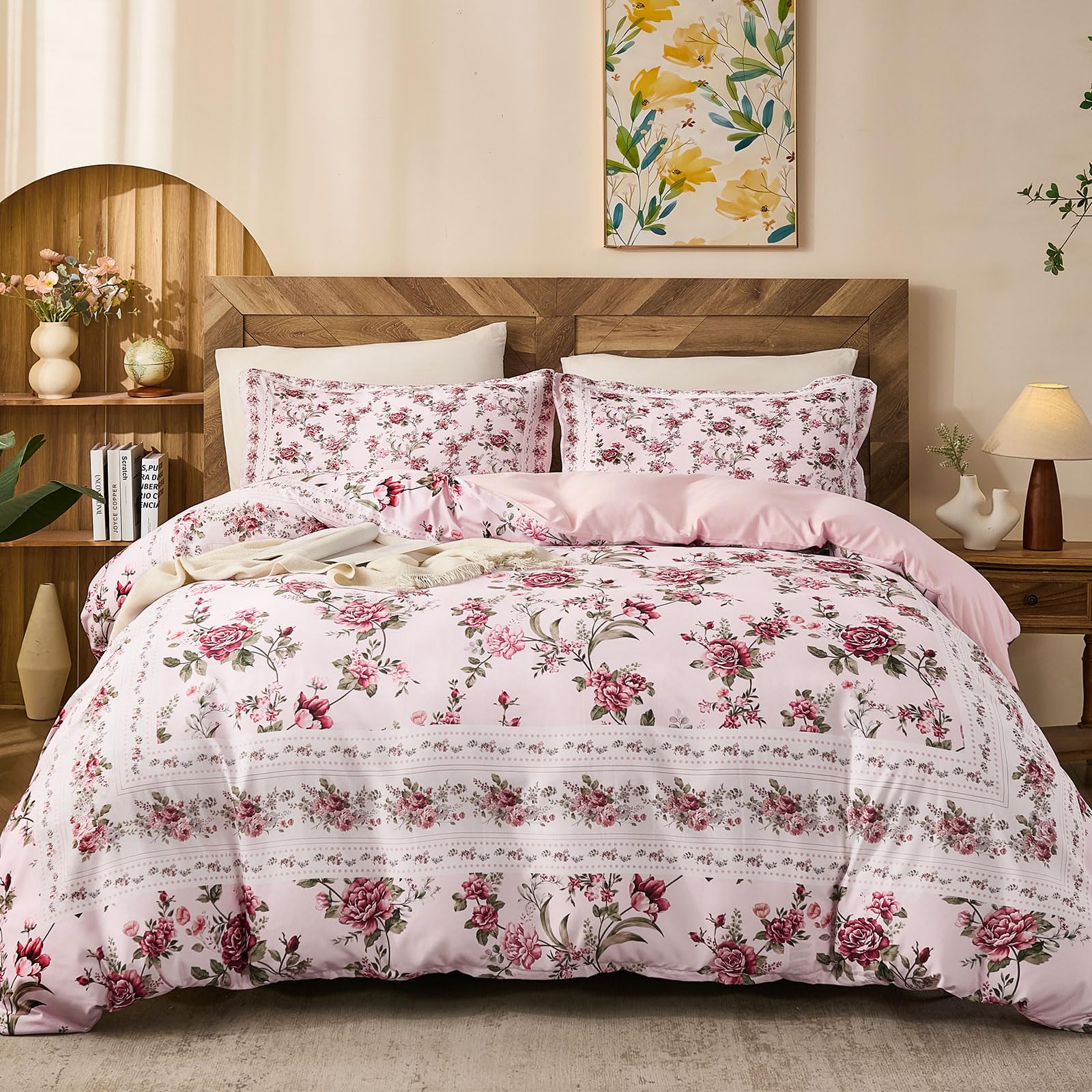 Fondream Floral King Size Duvet Cover Sets with 2 Pillowcases, Pink