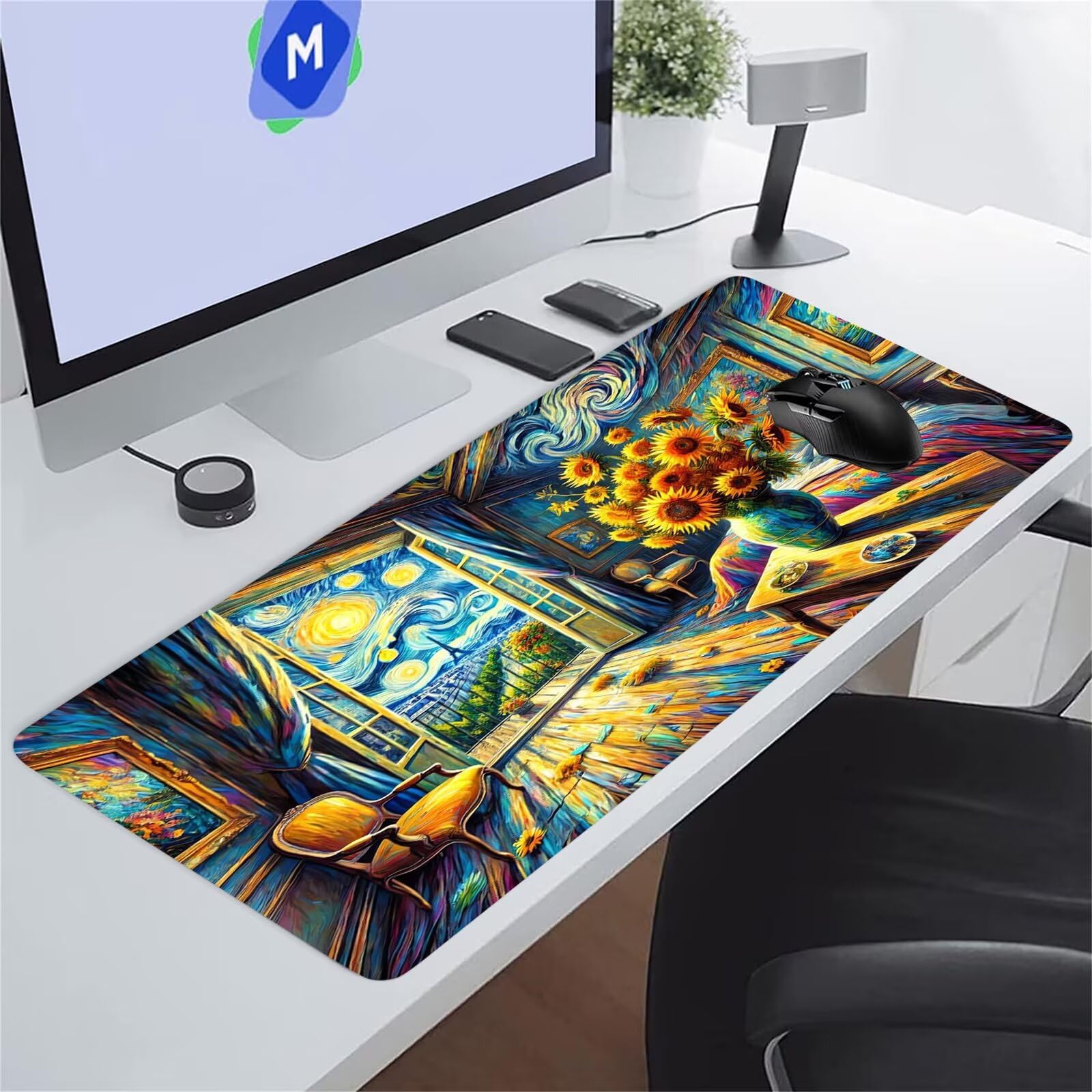 Grand Tapis de Souris XXL Tournesol Abstrait 800 x 400 x 3mm, Tapis de Bureau Gamer avec Bords Cousus et Base Antidérapante pour Haute Précision et Vitesse