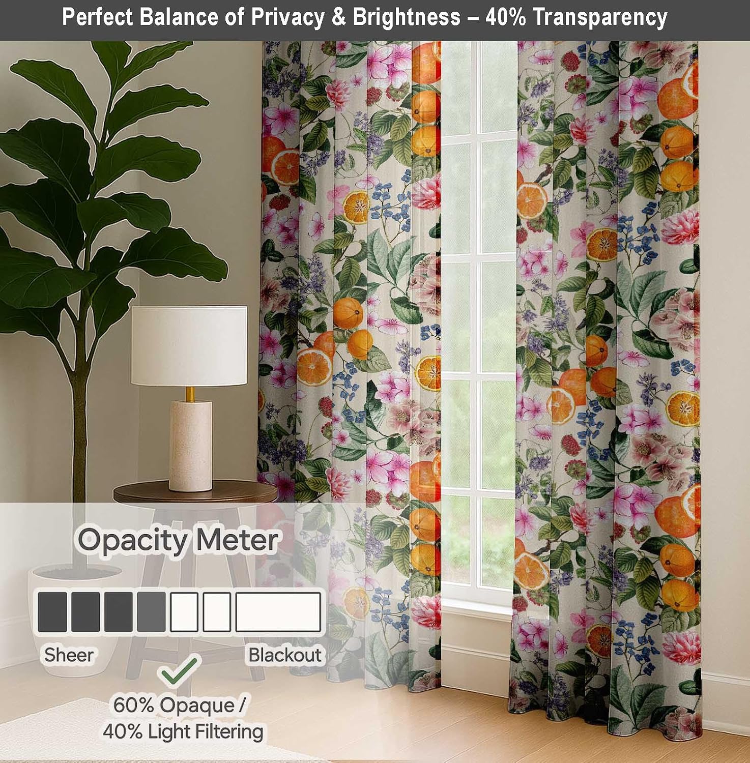 Cotton Curtains for Windows - 3-in-1 Rod Pocket/Back Tab Short Window Drapes - Light Filtering Cotton Canvas Panels - Set of 2, 52"x63" - Fruits Print (Beige)
