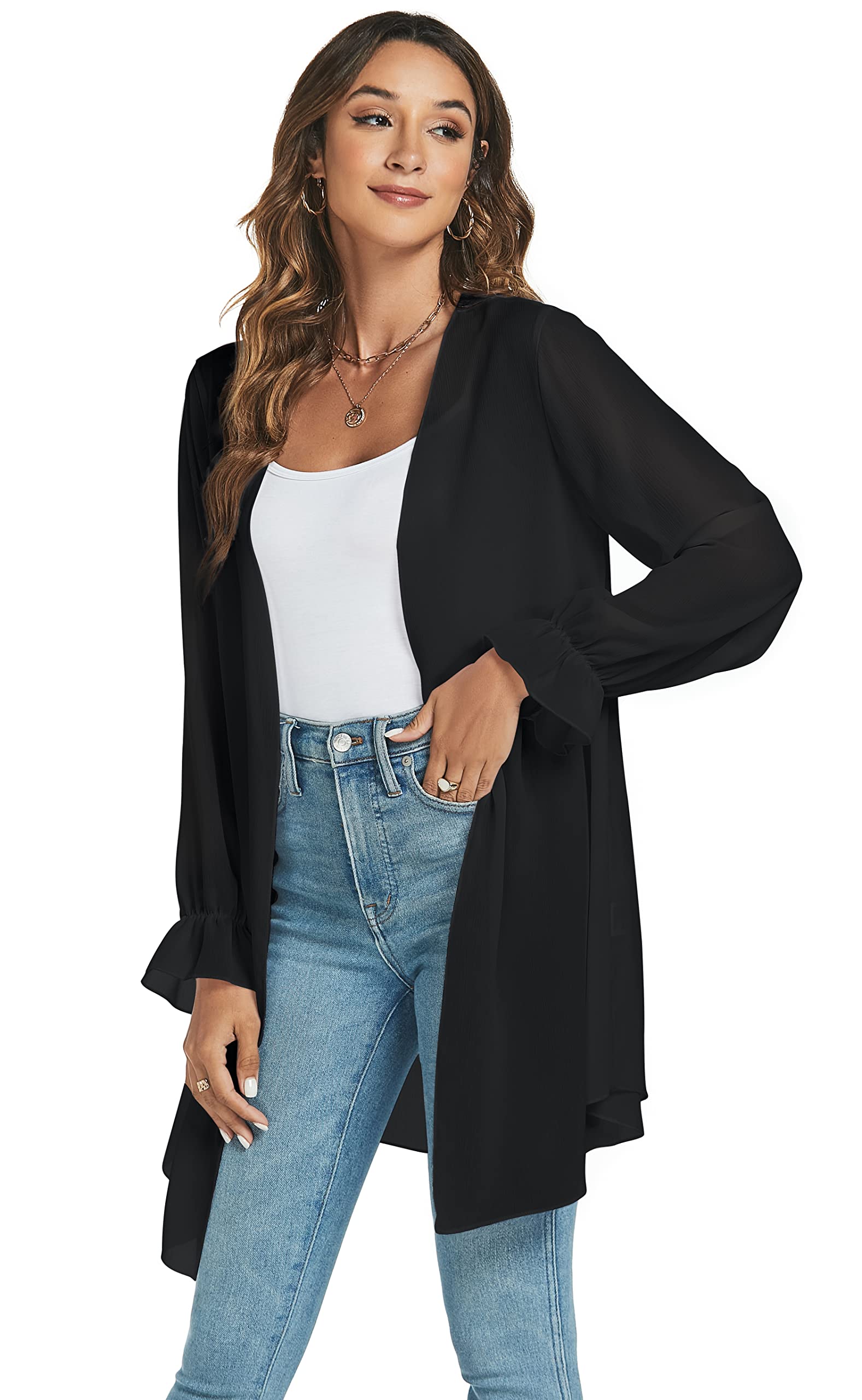 Gilet Long Léger Femme Cardigan Cache Maillots Plage à Manches Longues Ouverte Devant Élégant Veste Kimono