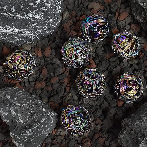 Miniatura 2 de RULE DICE Juego de dados de metal DND D&D, 7 diseños redondos de esfera hueca para mejores dados D y D, hermoso juego de dados DND de metal en forma