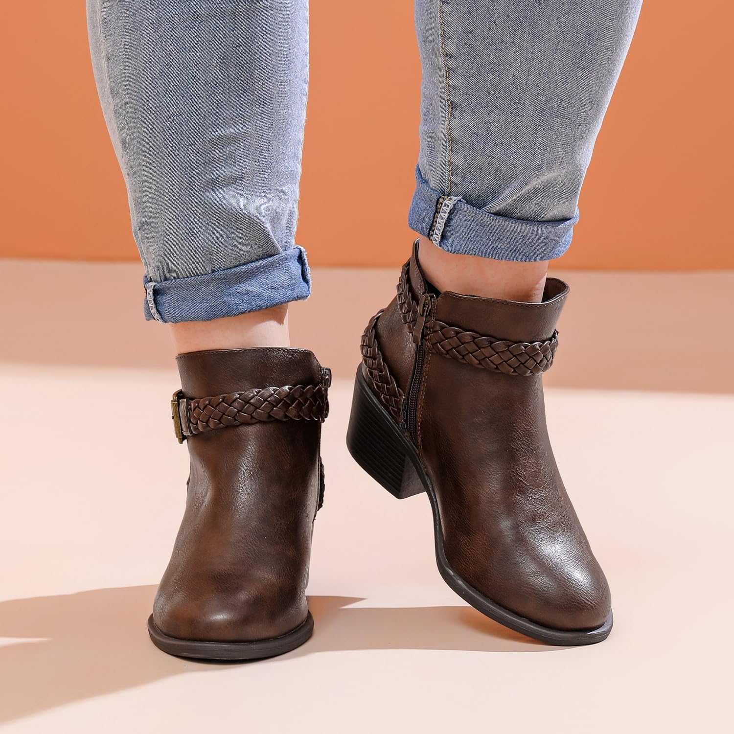 Luoika Women's Wide Width Ankle Boots - Black Brown Short Boots Block Low Heel Side Zipper Booties. - Image 2